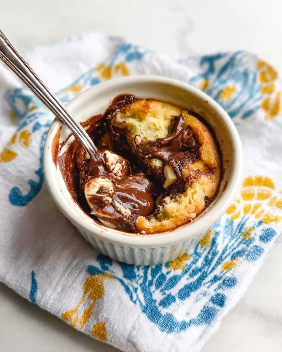 A small white ceramic ramekin filled with a warm dessert that has several layers: the bottom layer is dark melted chocolate with a glossy texture, partially covered by a top layer of golden-brown baked dough with slightly crisp edges and soft, uneven surfaces. There are bits of melted white and dark chocolate mixed on top, creating a marbled effect with smooth, creamy areas. A silver spoon is stuck inside the ramekin, resting against the side, and a white towel with blue and yellow patterns is placed underneath on a white marbled surface. Photo taken with an iphone --ar 4:5 --v 7