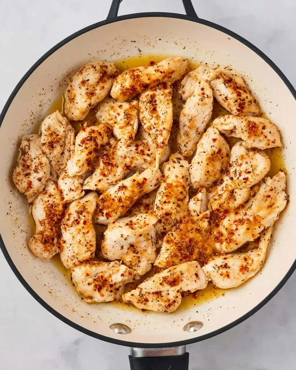 A white frying pan with black edges holds several thin pieces of seasoned chicken arranged close together, almost filling the pan. The chicken is white with light brown and orange spots from the spices sprinkled on top, giving it a slightly rough texture. There is some oil pooling in the pan, adding a shiny look to the chicken. The pan is placed on a white marbled surface. photo taken with an iphone --ar 4:5 --v 7