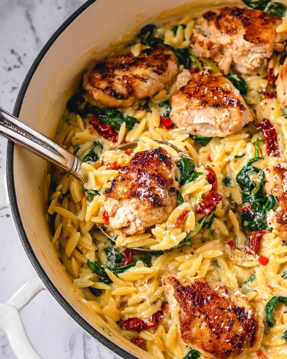A close-up of a white pot filled with a creamy pasta dish, showing five pieces of cooked chicken with a browned, slightly crispy surface, sitting on a bed of yellow orzo pasta mixed with wilted dark green spinach leaves and small pieces of red sun-dried tomatoes. The creamy sauce coats the pasta and chicken, giving a smooth and rich texture. A silver spoon is lifting a portion of the dish, revealing the layers: yellow pasta at the bottom, green spinach and red tomatoes scattered throughout, and golden-brown chicken pieces on top, all slightly sprinkled with white cheese or seasoning. The background has a white marbled texture. Photo taken with an iphone --ar 4:5 --v 7