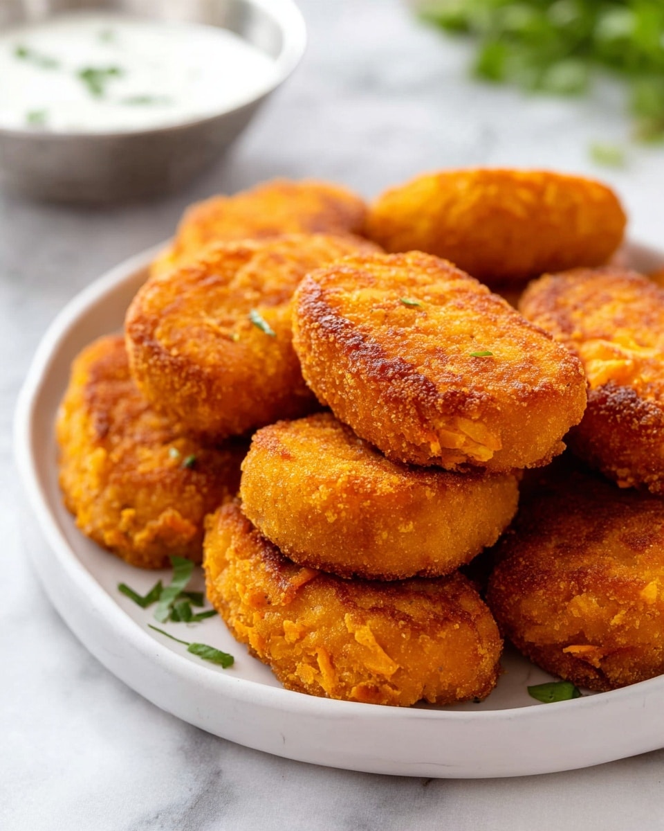 A white plate holds about ten golden brown croquettes stacked closely together. Each croquette is oval-shaped with a crunchy, textured surface that shows a slightly darker brown crust on the top side. The croquettes are thick and crispy, with small bits of orange and light beige visible inside, giving a hearty and homemade appearance. The plate rests on a white marbled surface with blurred green herbs and a metal bowl filled with white sauce in the background. photo taken with an iphone --ar 4:5 --v 7