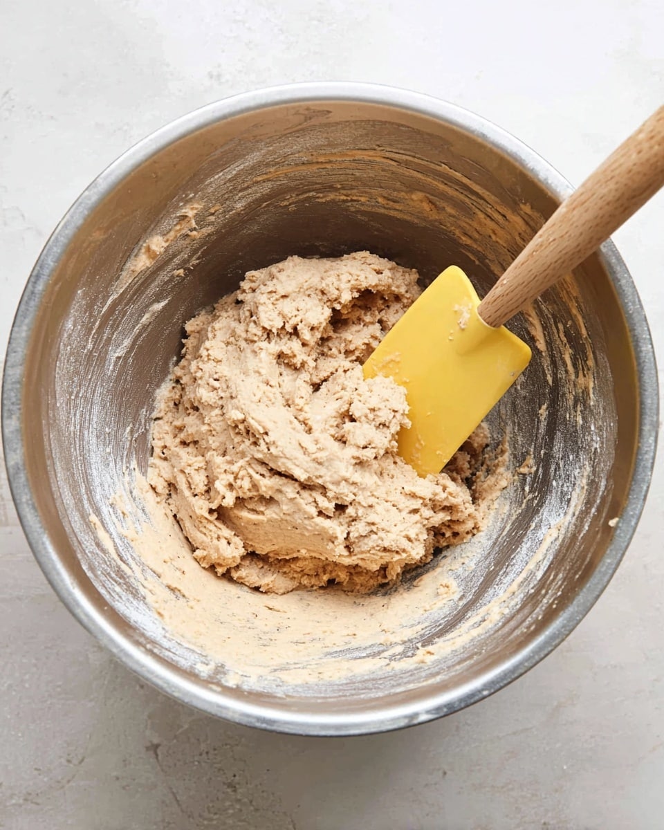A silver mixing bowl sits on a white marbled surface, filled halfway with light brown thick dough that has a slightly rough texture and small bits visible throughout. A yellow spatula with a wooden handle is partially dipped into the dough on the right side of the bowl, with some dough clinging to it. The bowl's inner walls have light smears of dough, showing recent mixing activity. photo taken with an iphone --ar 4:5 --v 7
