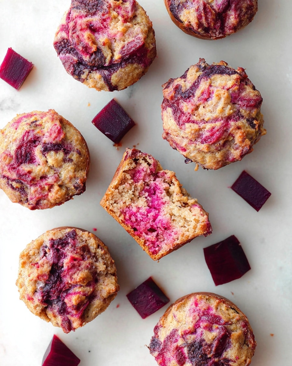 The image shows six small muffins placed on a white marbled surface. Five muffins are whole, each with a rough top showing swirls of pink and dark purple colors mixed into a light brown dough. One muffin is broken in half to show the inside texture, which is crumbly with visible pink and dark purple streaks scattered throughout. Around the muffins, there are small cube pieces of deep purple vegetable placed randomly on the marbled surface. The overall look is rustic and colorful with a focus on the pink and purple tones inside the muffins. Photo taken with an iphone --ar 4:5 --v 7