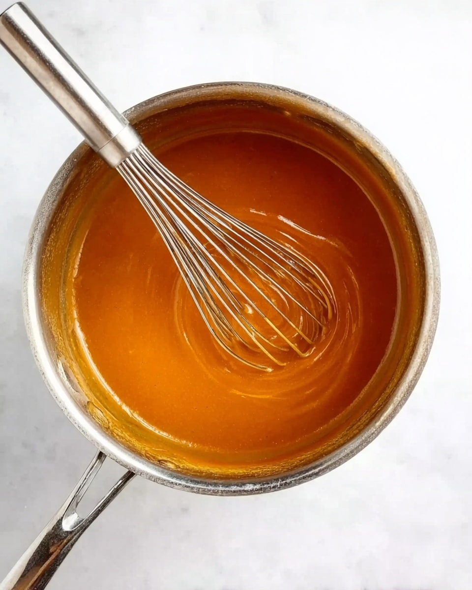 A shiny silver pot filled with a smooth, thick orange-brown sauce with a metal whisk resting inside. The sauce has a glossy surface with gentle swirls where the whisk has moved through it. The pot sits on a white marbled surface with no other objects around. Photo taken with an iphone --ar 4:5 --v 7