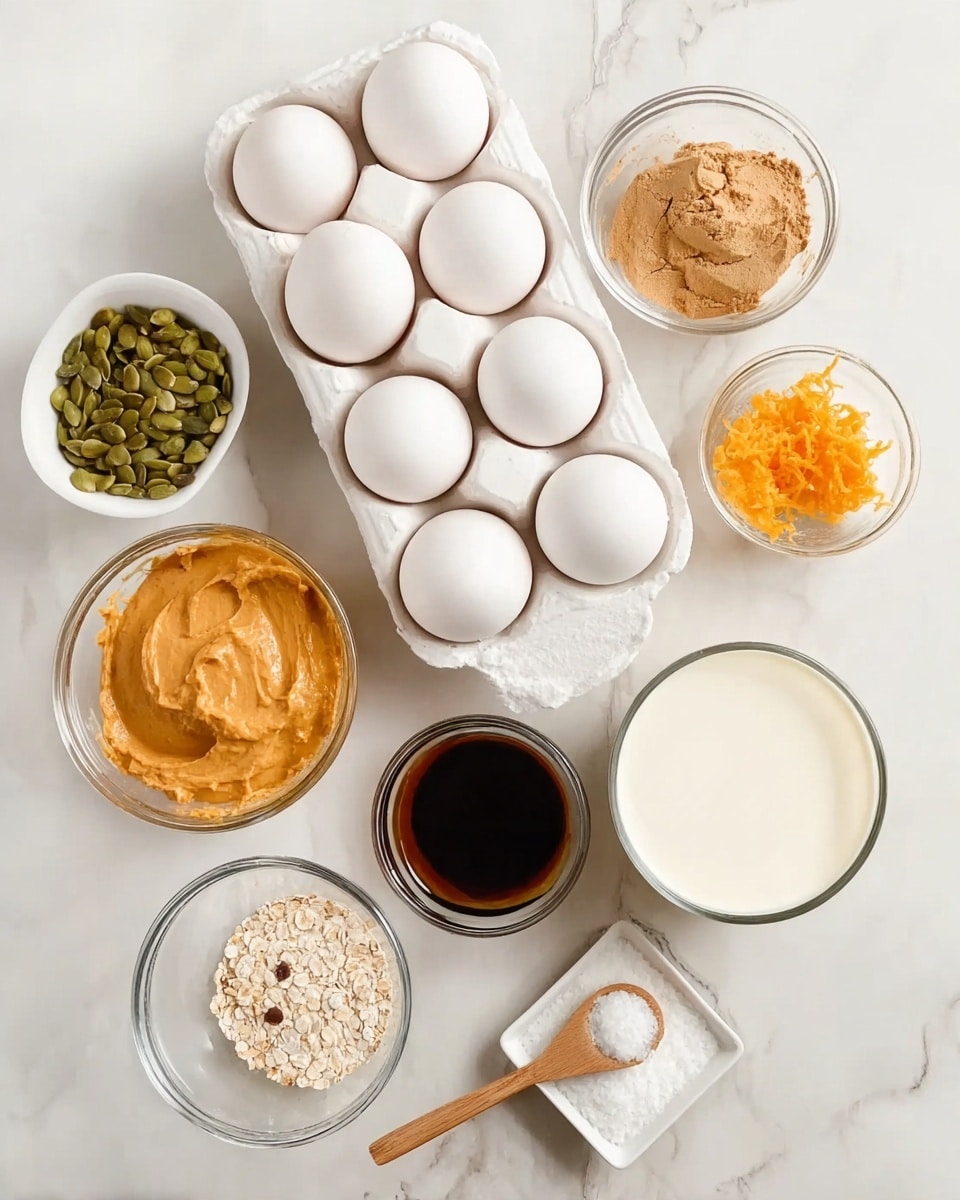 The image shows a top-down view of various ingredients placed on a white marbled surface. In the center is a white carton holding six white eggs. Around it, there are clear glass bowls with different items: a light brown powder, a smooth orange mash, a beige liquid, and a white liquid. There's also a small white square dish with orange zest and another with a dark brown liquid. A white bowl holds green seeds, while a small clear dish contains white granules with a tiny wooden spoon resting on top. The arrangement is neat, and all the containers are transparent or white. Photo taken with an iphone --ar 4:5 --v 7