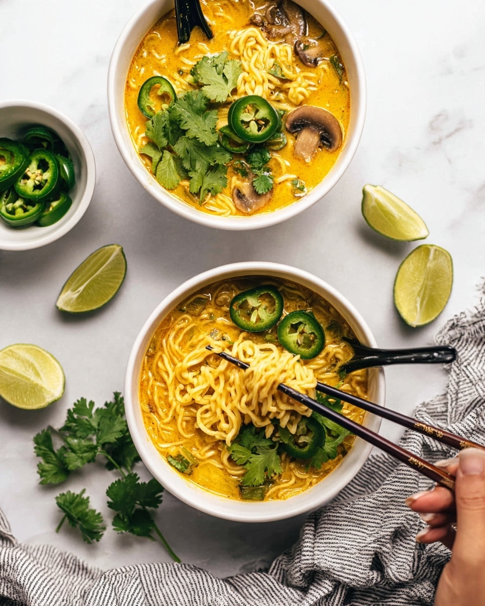 Two white bowls filled with yellow-orange creamy noodle soup sit on a white marbled surface. Each bowl has three main layers: noodles at the bottom, broth soaking the noodles, and green toppings on top. The toppings include slices of green jalapeno, sprigs of fresh cilantro, lime wedges on the side of the bowls, and some pieces of cooked mushrooms. A pair of chopsticks is placed across the top of each bowl with one pair held by a woman's hand lifting noodles from the bowl in the foreground. Nearby, there is a small white bowl filled with sliced jalapenos and two lime wedges on the surface. A striped cloth is partially seen at the bottom right corner. Photo taken with an iphone --ar 4:5 --v 7