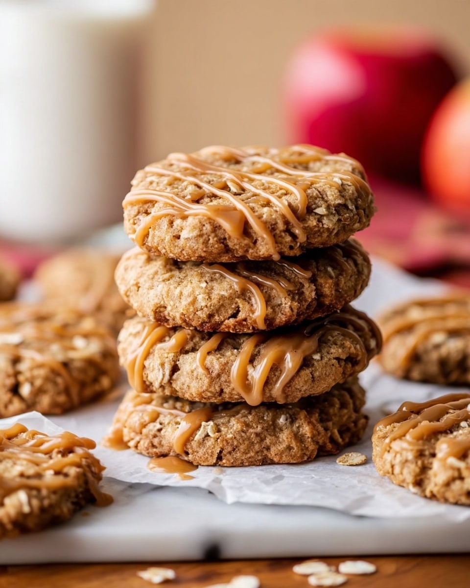 The image shows a stack of four round oatmeal cookies with a rough, crumbly texture, placed on white parchment paper over a wooden board with a white marbled surface. Each cookie is light brown with visible oats and has a smooth caramel-colored drizzle on top in wavy lines, adding shine and contrast. Around the stack, there are more cookies scattered, each decorated with the same caramel drizzle. In the background, blurred red apples and a white glass of milk create a warm, inviting scene. photo taken with an iphone --ar 4:5 --v 7