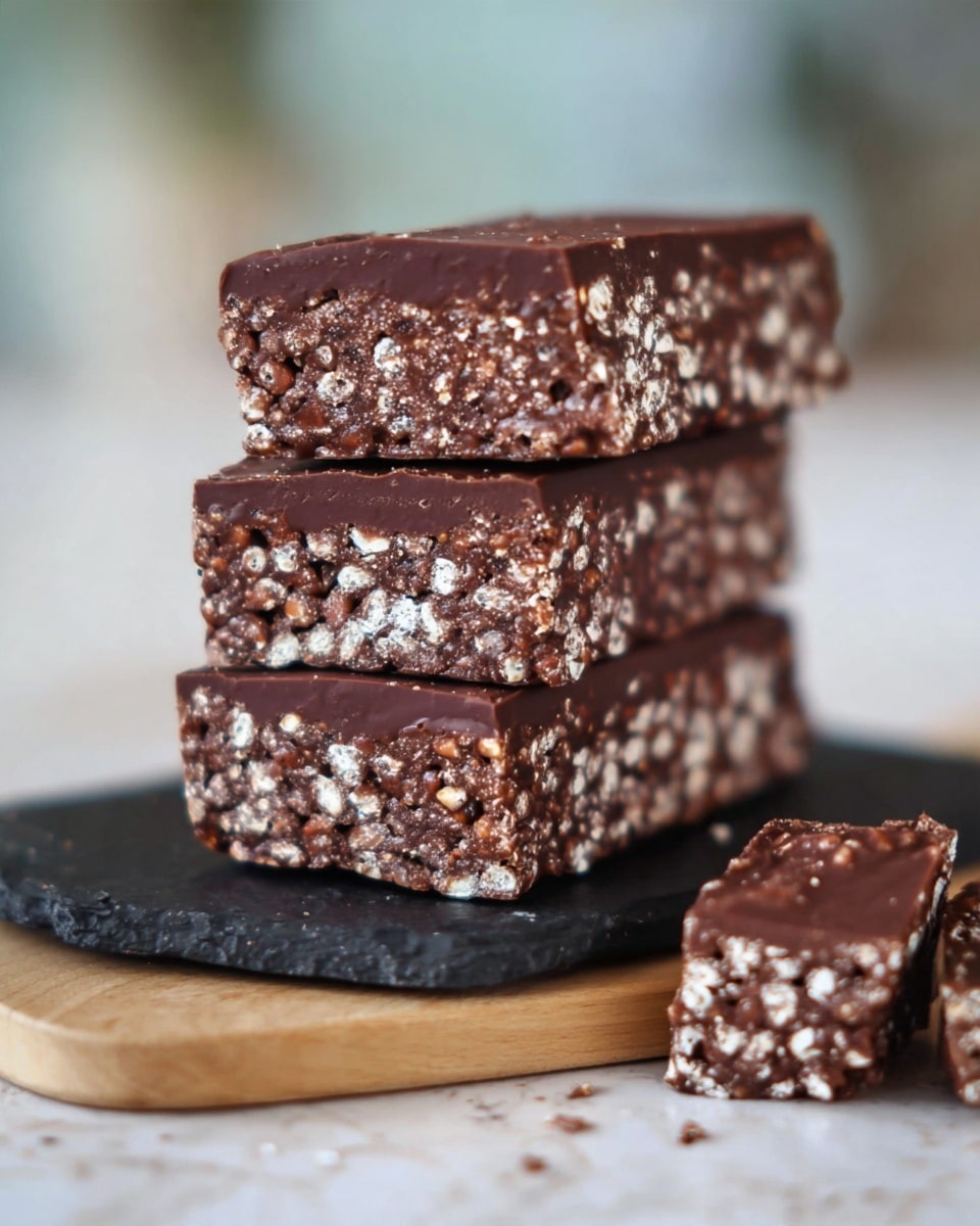 The image shows a stack of three thick, rectangular chocolate bars, each filled with white puffed grains that give them a crunchy texture. The bars are dark brown and look rich, with a smooth chocolate layer on top. They are placed one on top of the other on a dark slab, which rests on a wooden board. In the foreground, there are two small broken pieces of the same chocolate bars, showing the same grainy texture inside. The background is soft and out of focus, with a white marbled surface underneath the wooden board. photo taken with an iphone --ar 4:5 --v 7