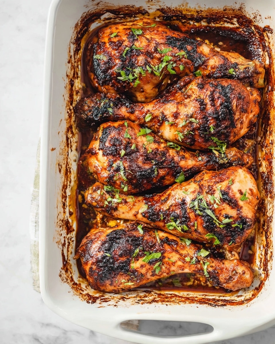 The image shows a white baking dish with four large cooked chicken leg quarters, each covered in a dark, rich, and slightly charred marinade. The chicken skin is golden brown with dark spots of seasoning and grill marks scattered over the surface. Fresh green herbs are sprinkled on top, adding a pop of color and freshness. The baking dish has some cooked-on juices and browned bits around the edges, giving a rustic appearance. The scene is set on a white marbled surface. photo taken with an iphone --ar 4:5 --v 7