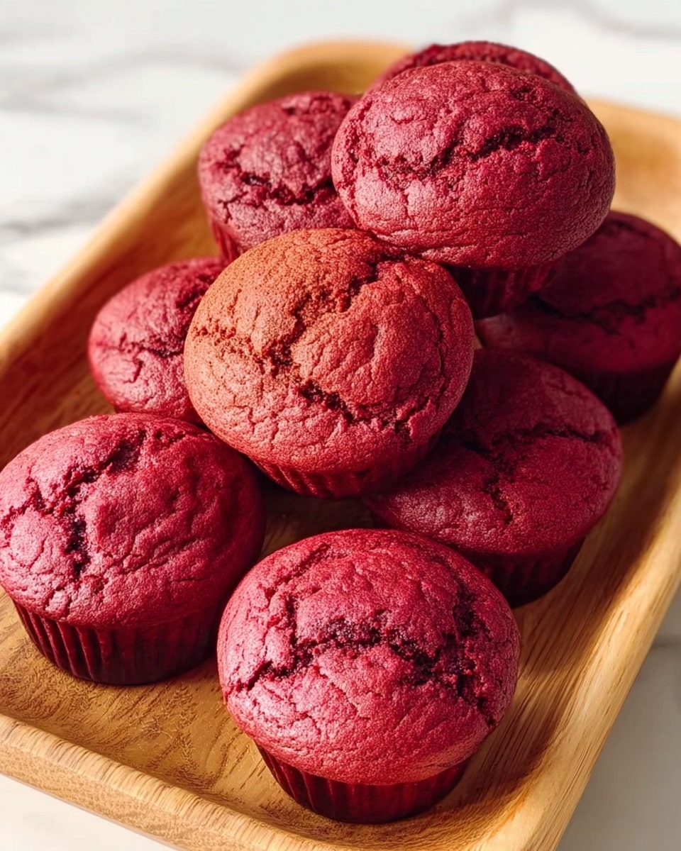 A wooden tray holds a stack of several small, round red velvet muffins with a cracked, rough surface texture. The muffins have a rich deep red color with variations in shade from the cracks on top. The muffins sit closely together with some leaning on each other, and the lighting highlights their detailed tops and soft edges. The tray is placed on a white marbled surface, enhancing the warm color of the muffins. Photo taken with an iphone --ar 4:5 --v 7