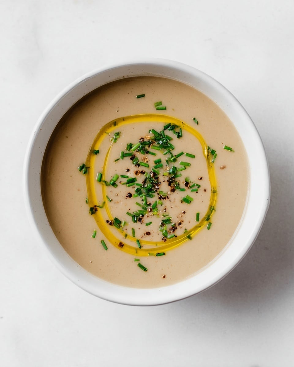 A close-up view of a white bowl filled with smooth, light brown creamy soup. On top, there is a swirl of golden olive oil that gently curves around the center. Scattered finely across the soup’s surface are small green herb pieces, likely chives, along with small bits of cracked black pepper and other spices. The bowl is placed on a white marbled surface, creating a clean and bright setting. photo taken with an iphone --ar 4:5 --v 7
