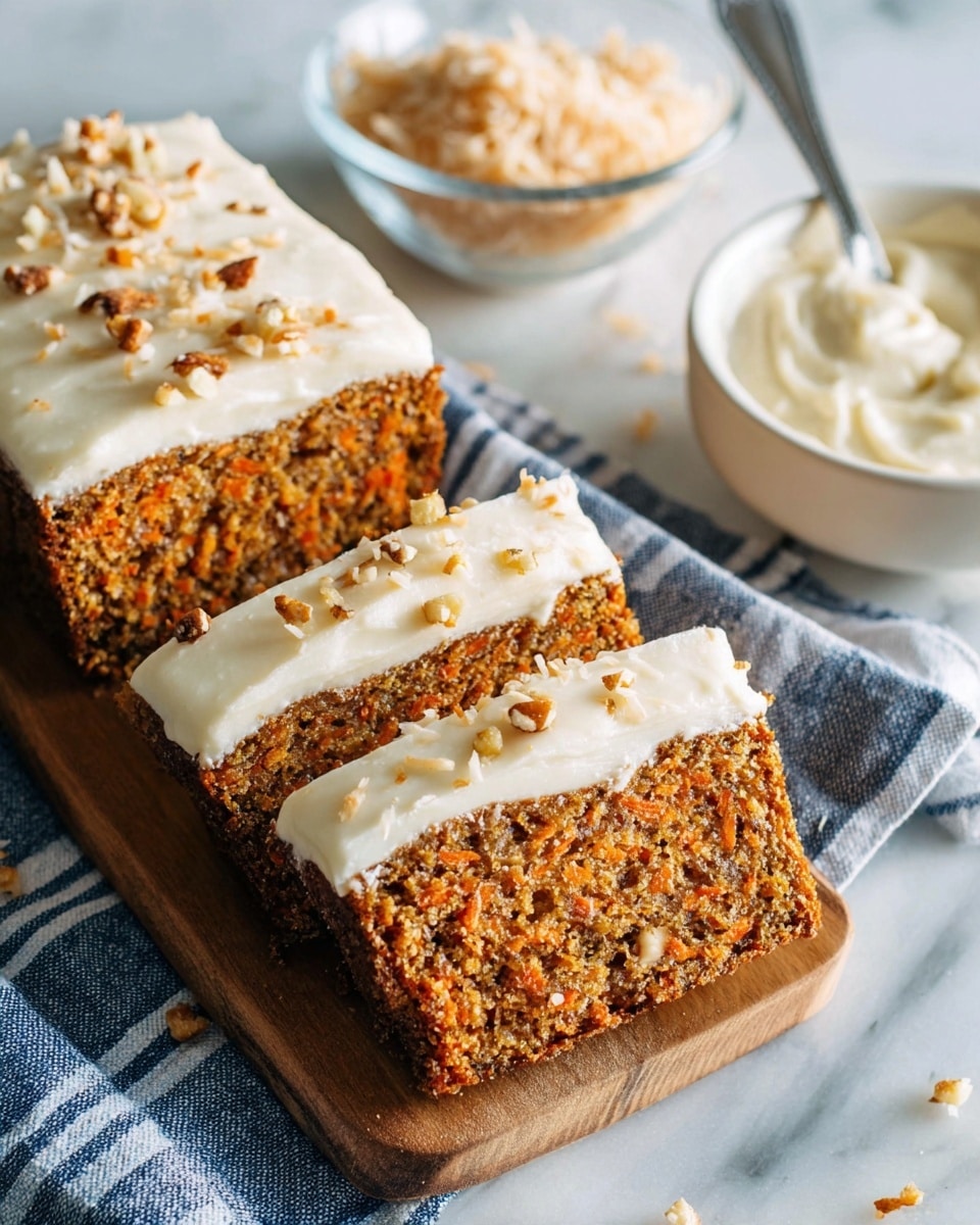 The image shows three slices of carrot cake arranged on a wooden board over a white marbled surface with a blue and white striped cloth underneath. The cake has a dense, moist texture with visible orange carrot bits and small nut pieces inside. Each slice has a thick layer of smooth, creamy white frosting on top, sprinkled with small nut pieces and some shredded coconut. Behind the cake, on the left side, there is a clear glass bowl filled with shredded coconut, and on the right side, a white bowl contains more creamy frosting with a spoon inside. The lighting is bright and natural, highlighting the different textures and colors clearly. Photo taken with an iphone --ar 4:5 --v 7