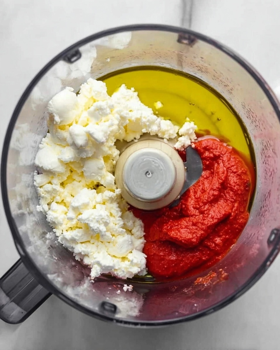The image shows a clear round food processor bowl with three main layers inside. On the left is fluffy white cheese with a crumbly texture, on the right side is a bright yellow layer of olive oil, and at the bottom right is a smooth, bright red roasted pepper puree. In the center of the bowl is a silver blade. The bowl is placed on a white marbled surface. photo taken with an iphone --ar 4:5 --v 7