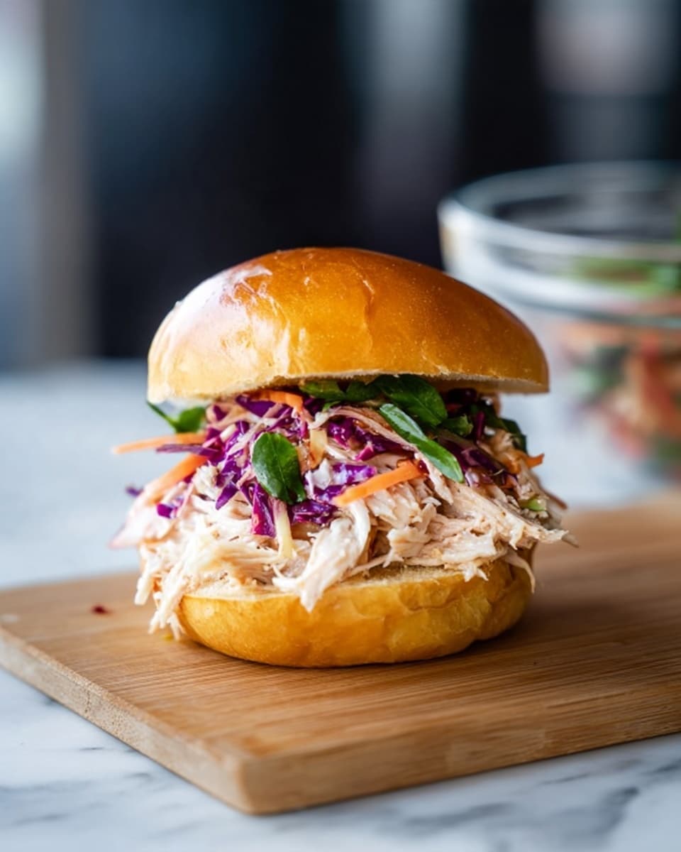 A sandwich with three main layers is shown, placed on a wooden board over a white marbled surface. The bottom layer is a soft, toasted golden bun with a shiny crust. On top of that, there is a thick layer of shredded white meat with a slightly moist texture. Above the meat, there is a colorful mix of finely sliced purple cabbage, thin carrot strips, and green leafy herbs, adding a fresh crunch. The sandwich is topped by a shiny, smooth golden bun with a slight dome shape. The background is softly blurred, showing a clear glass bowl. photo taken with an iphone --ar 4:5 --v 7