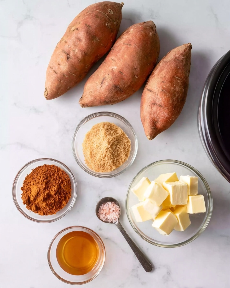 The image shows four large sweet potatoes with brownish-orange skin on a white marbled surface in the top left corner. Below and to the right of them are four small glass bowls arranged loosely in a square shape. The top left bowl contains a reddish-brown powder with a fine texture, the top right bowl holds light brown sugar grains, the bottom left bowl has several small, pale yellow cubes of butter, and the bottom right bowl contains an amber-colored liquid. Near the bottom center is a small dark spoon with pink salt standing inside it. On the right edge of the image, a part of a black slow cooker is visible. photo taken with an iphone --ar 4:5 --v 7