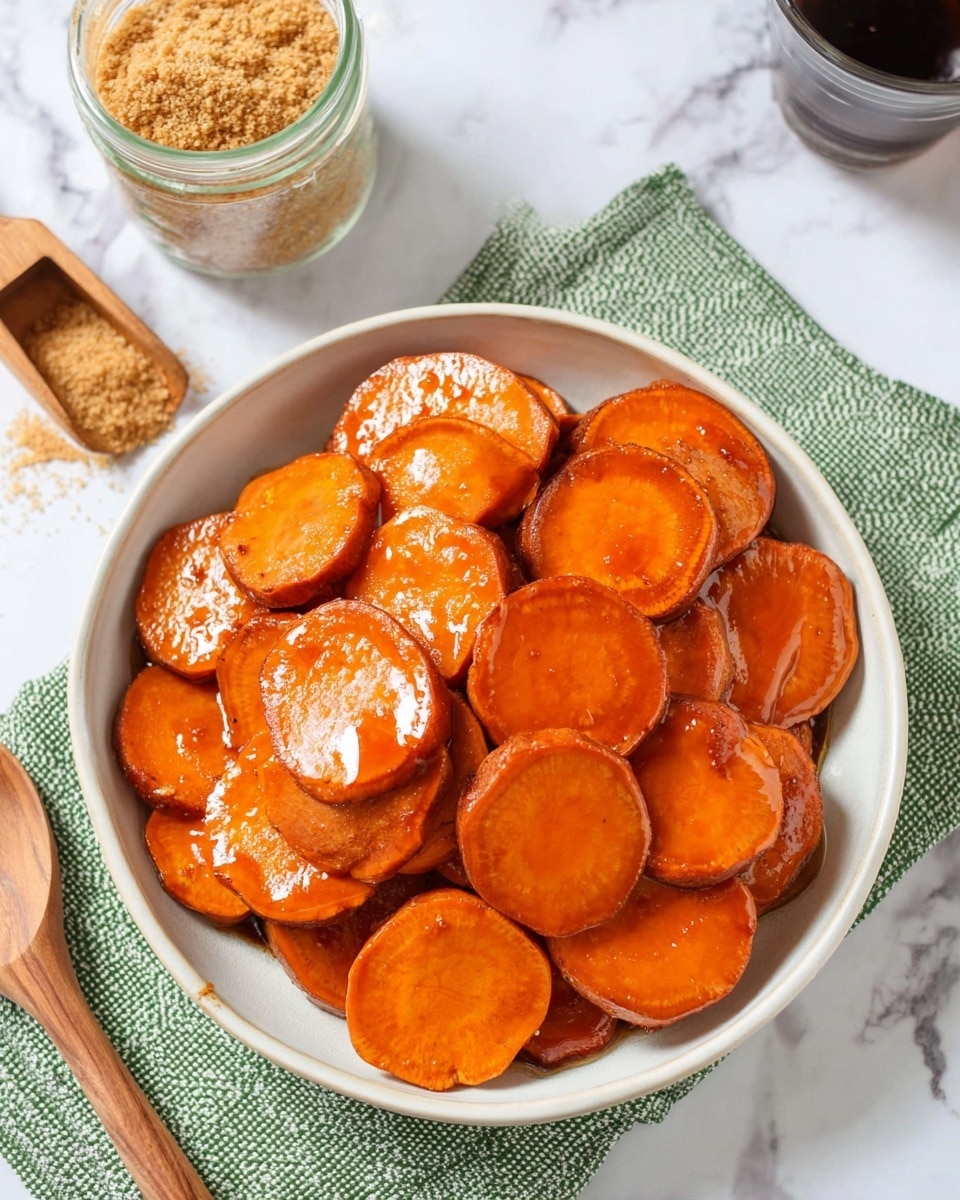 A white bowl filled with many round slices of bright orange sweet potatoes that have a shiny, syrupy coating making them look glossy and soft. The sweet potato slices overlap each other and cover the whole bowl. The bowl sits on a green and white checkered cloth on a white marbled surface. To the left of the bowl, there is a wooden spoon and nearby, an open jar filled with light brown crumb-like sugar with a wooden scoop inside. In the top right corner, part of a glass container with dark liquid is visible. photo taken with an iphone --ar 4:5 --v 7