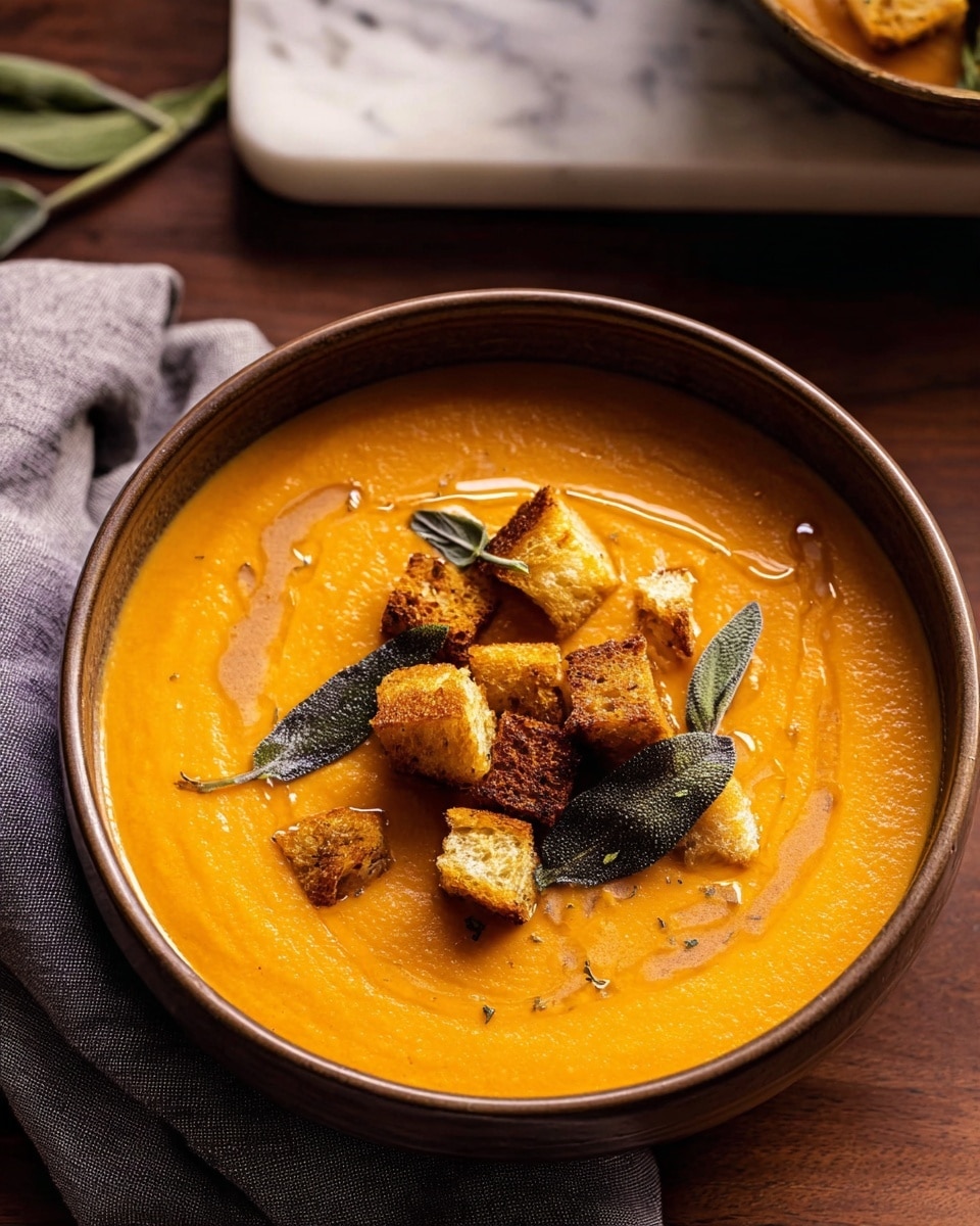 A shallow brown bowl holds a smooth, thick orange soup, spread evenly inside the bowl. On top, there are golden-brown croutons clustered in the center, with a few dark green sage leaves scattered around them. The soup surface has small droplets of oil creating a shiny look. The bowl sits on a dark wooden table with a folded grey cloth nearby, and a white marbled surface is visible at the edges of the image. photo taken with an iphone --ar 4:5 --v 7