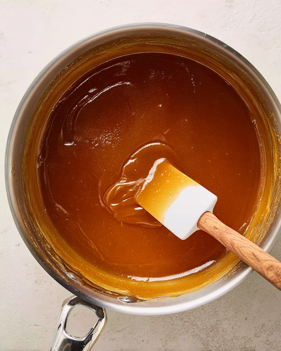 A top view of a metal pot filled with a smooth, thick caramel sauce that is a rich golden brown color. A white spatula with a wooden handle is resting inside the pot, partially covered with caramel sauce, positioned towards the right side. The pot is placed on a white marbled texture background, showing some caramel residue around the edges inside the pot. The lighting highlights the glossy texture of the sauce and the shine on the metal pot. photo taken with an iphone --ar 4:5 --v 7
