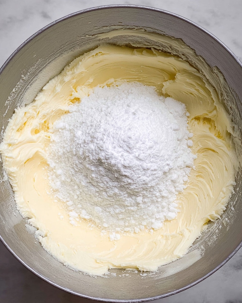A close-up view inside a metal bowl shows two layers of ingredients: the bottom layer is creamy, pale yellow butter that has been softened and spread around the bowl, and the top layer is a mound of fine white powdered sugar sitting right in the middle of the bowl. The textures contrast, with the butter smooth and thick, while the sugar looks powdery and light. The image is set against a white marbled texture. Photo taken with an iphone --ar 4:5 --v 7