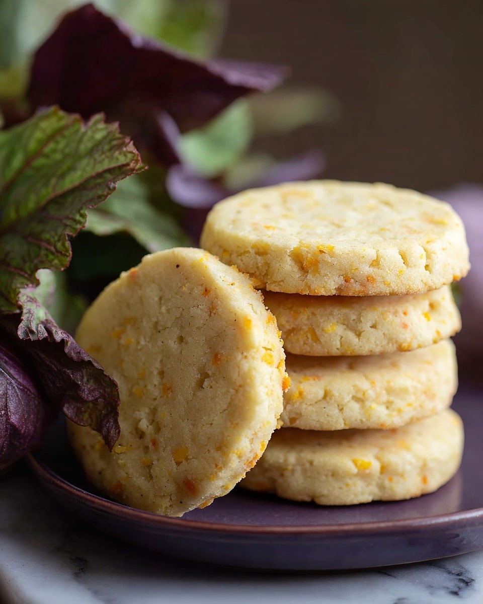 A stack of five round cookies with a pale yellow color and small orange specks sits on a dark purple plate placed on a white marbled surface. The front cookie leans slightly against the stack, showing its slightly rough texture with tiny holes and a soft crumbly appearance. On the left, there are green and burgundy leaves adding a natural touch. The lighting is soft, bringing out the fine details of the cookies. photo taken with an iphone --ar 4:5 --v 7