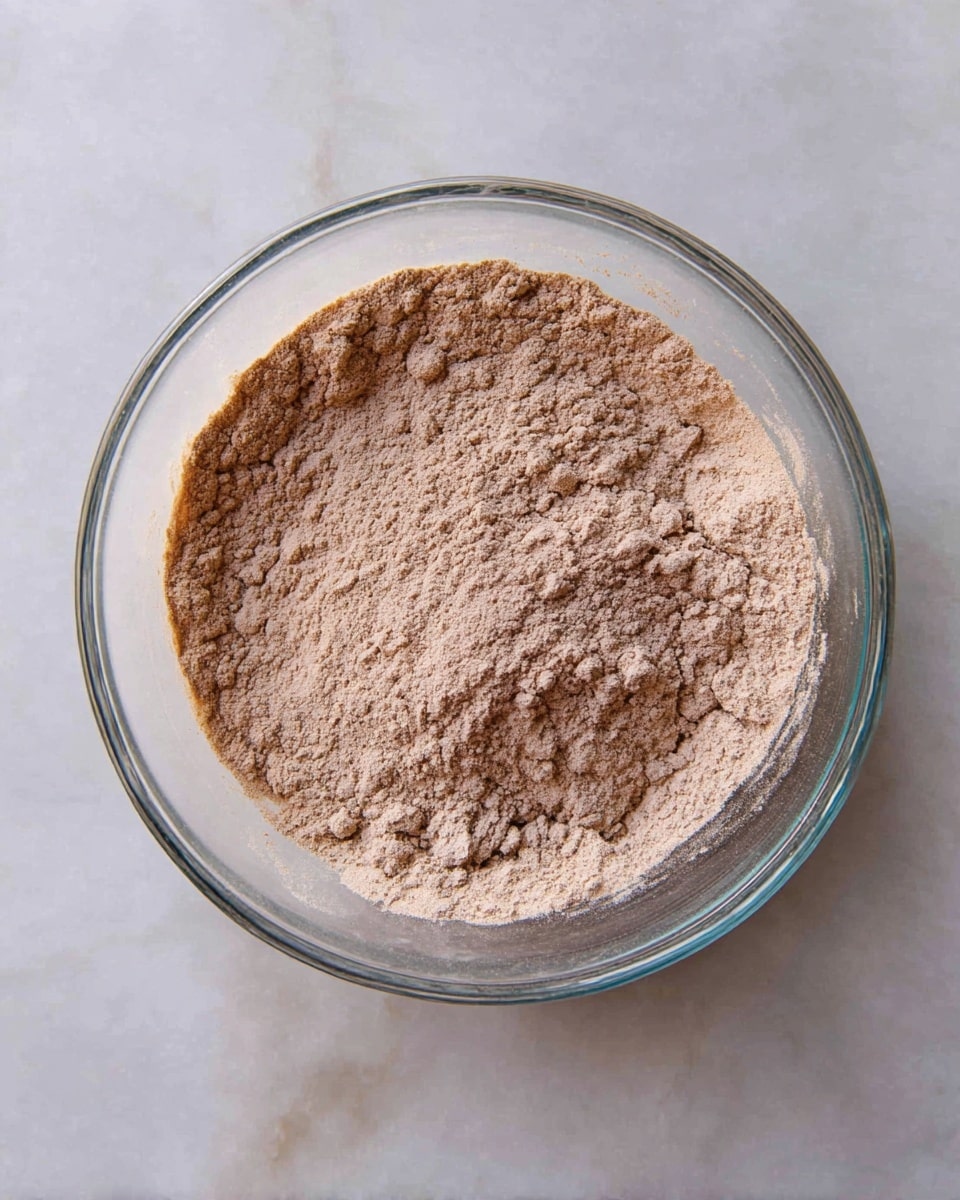 A clear glass bowl sits on a white marbled surface, filled with a dry, light brown powder mixture that is evenly spread but slightly mounded in the center. The texture looks soft and fine, with some small clumps around the edges, showing a natural, powdery finish. The clear sides of the bowl reveal the full depth of the powder inside. photo taken with an iphone --ar 4:5 --v 7