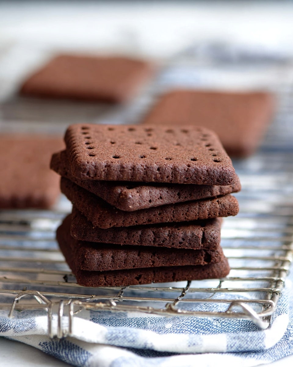 A close-up view of a stack of five square, dark brown chocolate cookies with small evenly spaced holes on the top surface, each cookie having a slightly rough texture and ridged edges. The stack sits on a silver cooling rack with thin metal bars, which is placed over a white cloth with blue stripes. In the background, there are more cookies lying flat on the cooling rack, slightly out of focus, set on a white marbled surface. The lighting is natural and soft, emphasizing the rich chocolate color and crumbly texture of the cookies. photo taken with an iphone --ar 4:5 --v 7