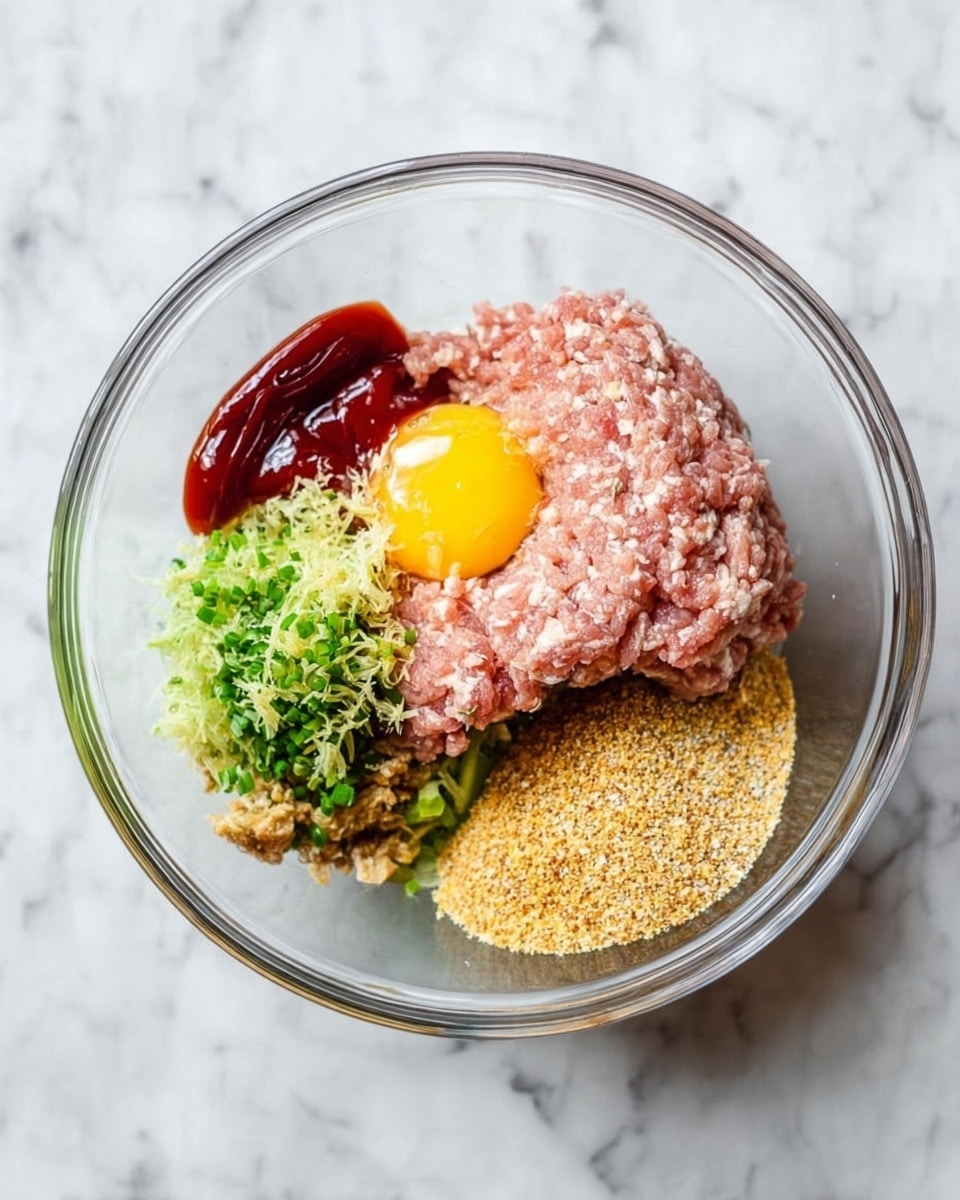 A clear glass bowl sits on a white marbled surface, holding separate layers of raw ingredients ready to be mixed. At the center is a pile of light pink ground meat with visible soft texture, topped by a bright yellow raw egg yolk slightly off-center. Around the meat, there are green grated vegetables with a moist, shredded texture in two places, one on the left and one below the meat. To the right is a coarse light brown breadcrumb layer, while below it lies a smaller mound of a finer, golden crumb. On the left side of the meat, there is a dollop of deep red ketchup with a smooth, shiny finish. The ingredients are all unmixed, clearly showing their individual colors and textures. photo taken with an iphone --ar 4:5 --v 7