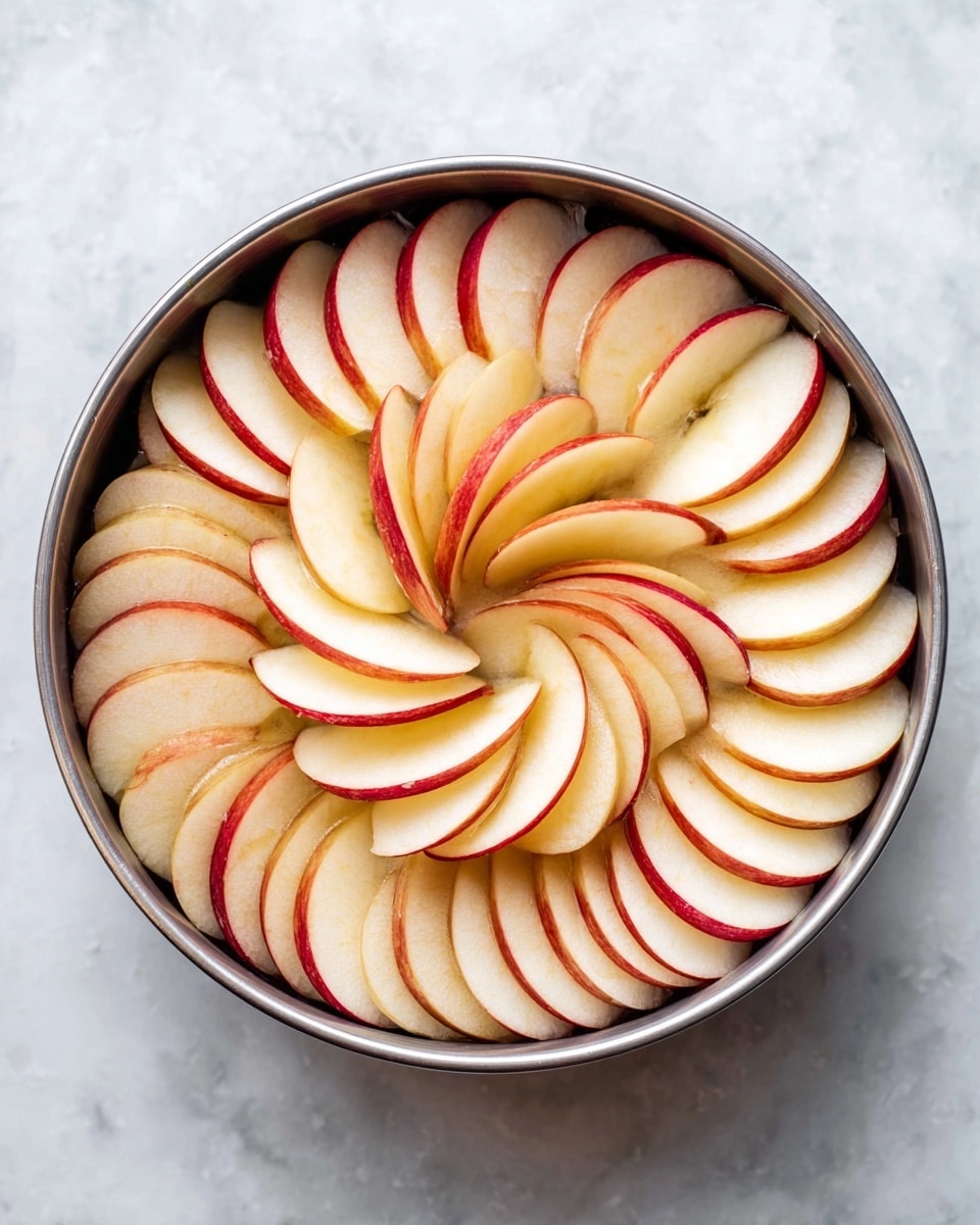 A round metal pan holds thinly sliced apple pieces arranged in a circular, overlapping pattern, creating a spiral that starts from the edge and moves inward to the center. The apple slices have a mix of light creamy white flesh and red skin edges, giving a soft contrast in color. The pan rests on a white marbled surface. Photo taken with an iphone --ar 4:5 --v 7