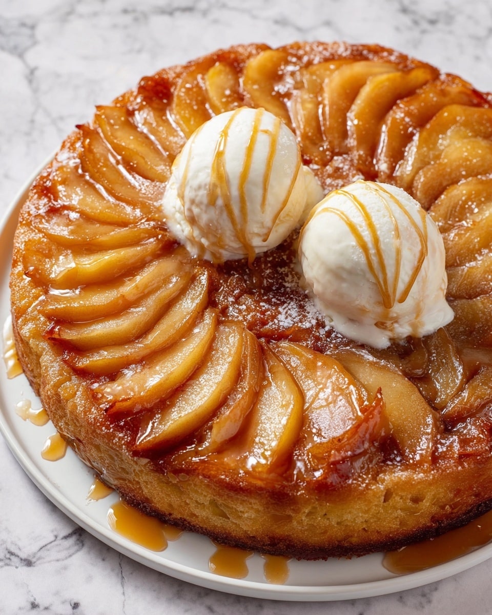 A round upside-down apple cake with glossy, golden caramelized apple slices arranged in a circular fan pattern on top, creating a textured, shiny layer. The cake base beneath is golden brown with a moist, slightly rough texture. On top of the apples, two scoops of white ice cream with a smooth, creamy texture sit side by side, drizzled with a thin stream of caramel sauce. The cake is on a white plate, placed on a white marbled surface. photo taken with an iphone --ar 4:5 --v 7