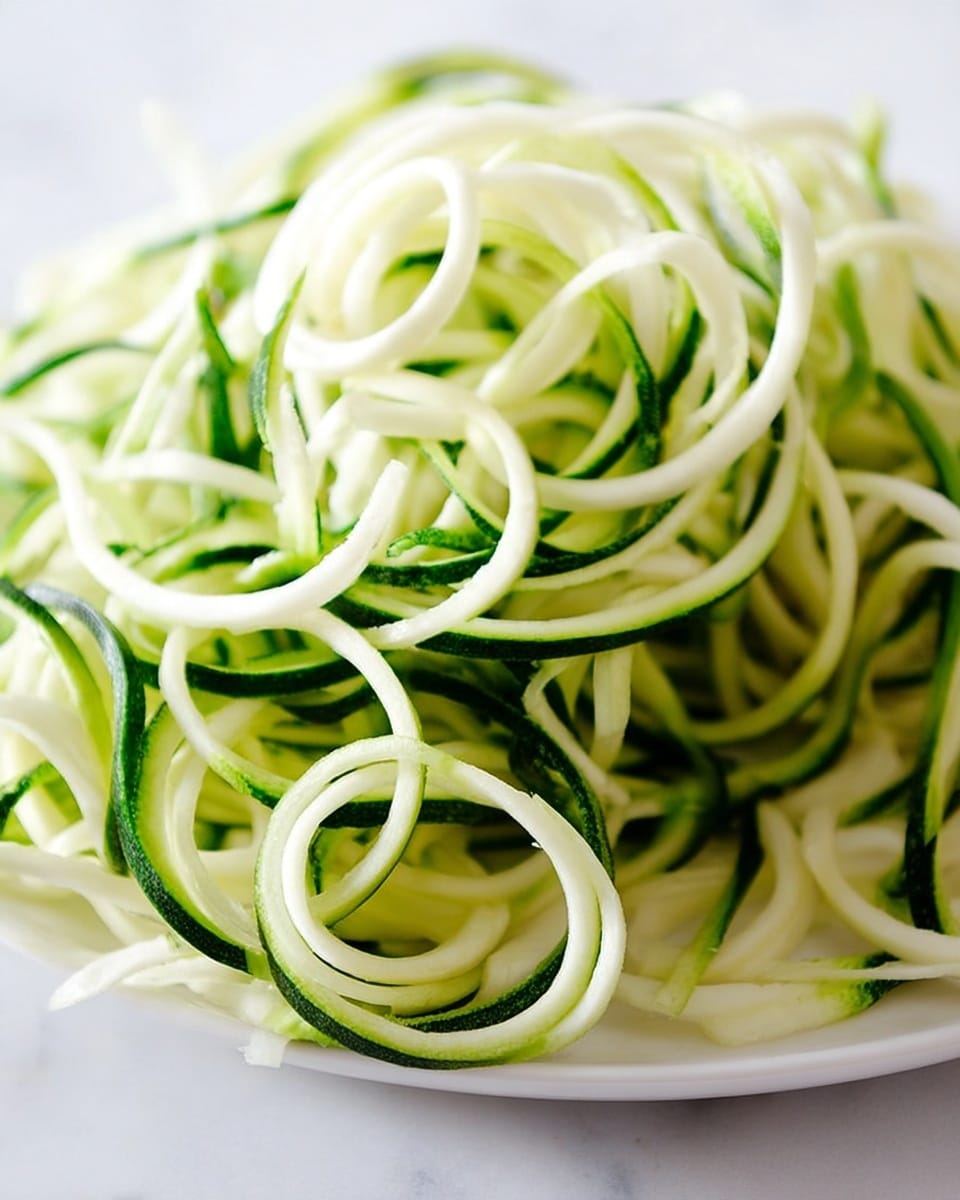 This image shows a pile of spiralized zucchini noodles on a white plate. The noodles have thin, long loops with the outer green skin on some edges and the inner pale green to white flesh in the center. The curves and twists of the noodles create a tangled, layered look, showing fresh and slightly glossy textures. The background is a soft white marbled surface, which highlights the bright green and white colors of the zucchini noodles. Photo taken with an iphone --ar 4:5 --v 7