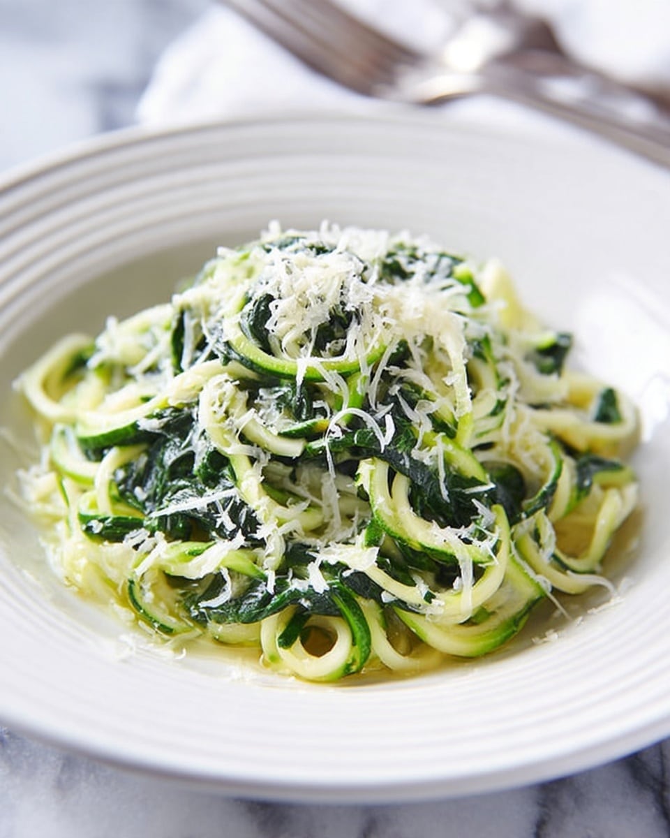 A white plate holds a single serving of spiralized zucchini noodles layered with cooked spinach leaves mixed throughout. The noodles and spinach are glossy, showing a light coating of sauce, with dark green spinach contrasting against the pale green and white zucchini strands. The dish is topped with a generous sprinkle of finely grated white cheese, adding a soft, textured layer of small, uneven specks. The plate sits on a white marbled surface with a blurred fork visible in the background photo taken with an iphone --ar 4:5 --v 7