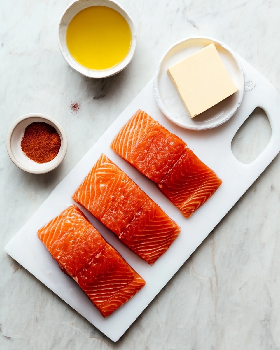 Four bright orange raw salmon fillets with visible lines and skin edges are neatly lined up on a white cutting board, placed on a white marbled surface. Above and around the cutting board, there are three small white bowls: one filled with a yellow liquid, one with a light-colored block that looks like butter, and one with a reddish-brown powder. The scene is clean and simple with a soft top light. photo taken with an iphone --ar 4:5 --v 7
