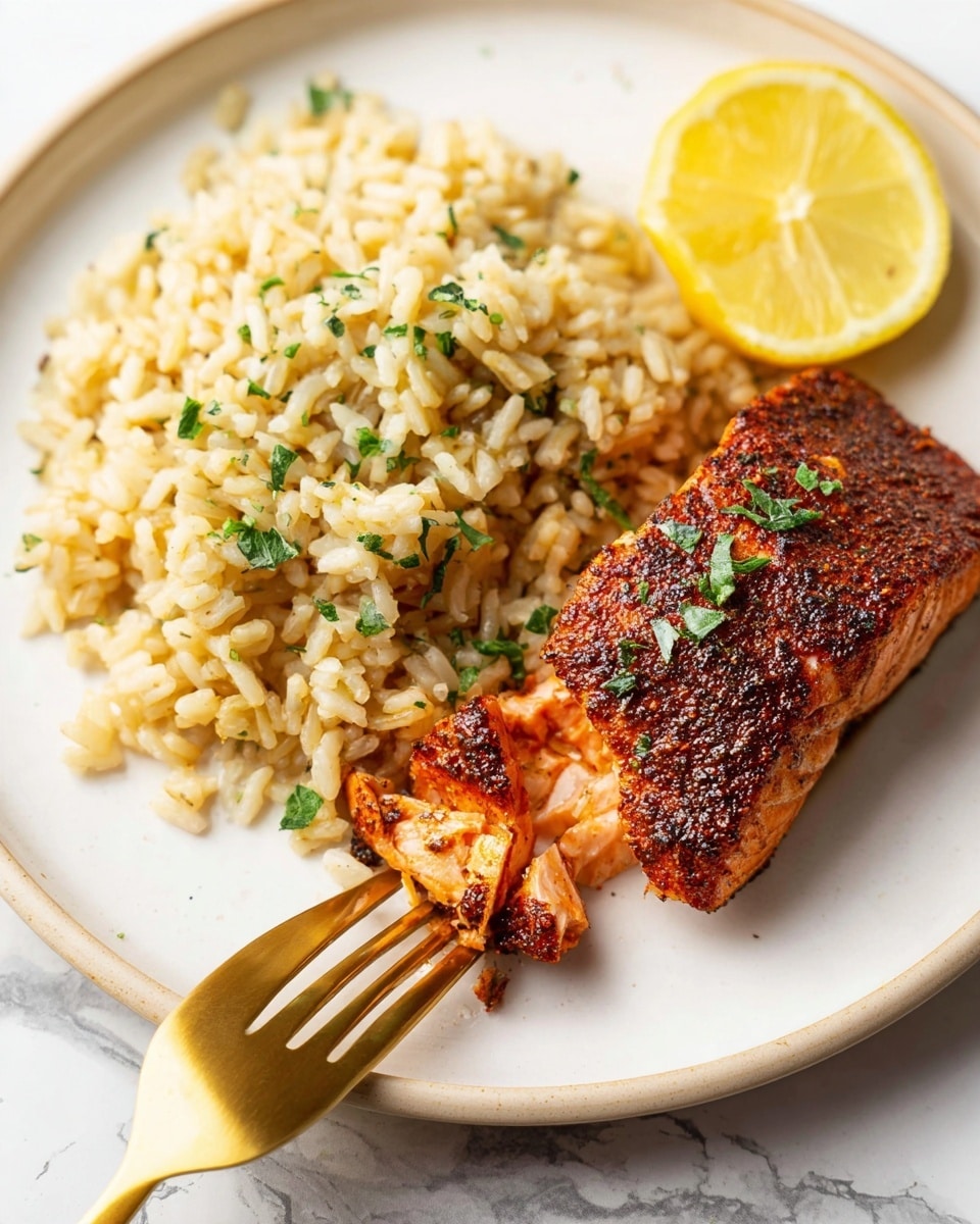A white plate holds two main layers: on the left, a pile of light brown rice with small green herb bits sprinkled on top, and on the right, a piece of dark brown spiced cooked salmon with a slightly charred texture. The salmon is broken into near the bottom by the prongs of a golden fork, showing the soft, slightly pink inside. Above the salmon near the top right edge of the plate is a bright yellow lemon wedge with some green herbs on it. The plate is set on a white marbled surface. Photo taken with an iphone --ar 4:5 --v 7