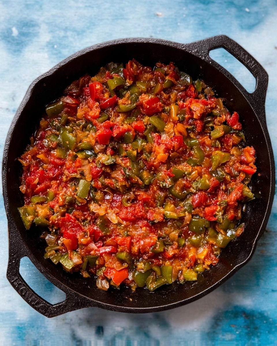 A close-up view of a black cast iron pan filled with a colorful mix of cooked vegetables. The mix has small chunks of green bell peppers, red tomatoes, and onions all sautéed together, creating a textured and slightly saucy appearance. The vegetables are spread evenly in the pan, showing different colors and textures, with some pieces slightly browned, adding a rich look. The pan sits on a white marbled surface, highlighting the vibrant reds and greens of the dish. photo taken with an iphone --ar 4:5 --v 7