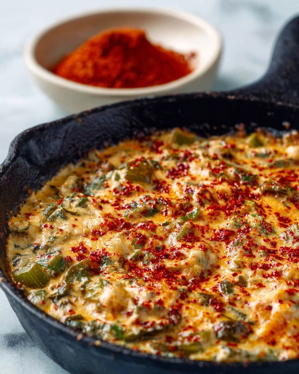 A close-up view of a black cast iron skillet filled with a creamy, thick mixture that includes visible chopped green vegetables and orange-red specks, possibly spices or peppers. The dish has a bubbling, slightly browned top layer sprinkled with red seasoning flakes, creating a textured, hearty look. In the background, a white bowl contains a pile of ground red spice, sitting on a white marbled surface. The colors are warm and vibrant, emphasizing the rich, rustic feel of the dish. photo taken with an iphone --ar 4:5 --v 7