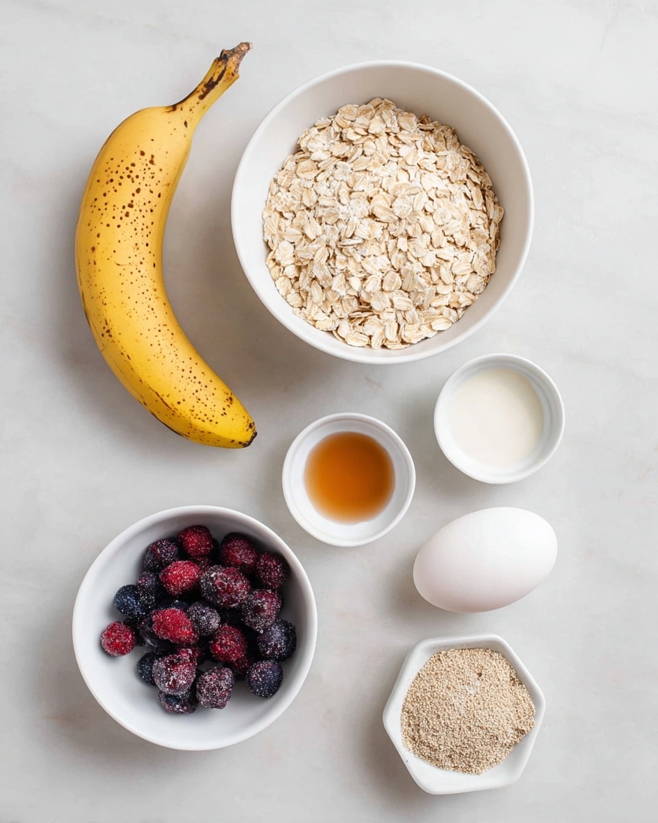 The image shows several ingredients arranged neatly on a white marbled surface. There is one whole yellow banana with brown spots on the left. In the center, a white bowl is full of light beige rolled oats. Below it, another white bowl holds a mix of dark purple and red frozen berries. To the right of the oats, there is a white egg placed beside three small white bowls, each containing different liquids: one has a brownish liquid, one has a white liquid, and the last one is empty or nearly empty. Below these bowls is a small white dish filled with light brown ground flaxseed. The objects are spaced evenly, creating a clean, simple layout. Photo taken with an iphone --ar 4:5 --v 7