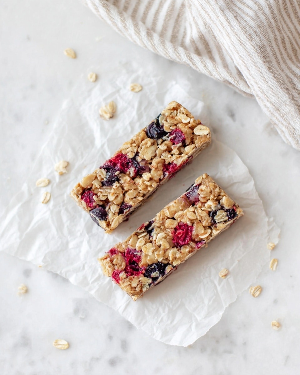 Two granola bars made with oats and mixed berries are placed on a small piece of white parchment paper. The bars show visible whole oats and berry pieces in red and purple colors, giving a textured look. The parchment paper lies on a white marbled surface, with scattered oats around adding detail. A soft, striped beige and white cloth is partially visible in the top right corner. The scene is simple and bright, focusing on the natural look of the granola bars. photo taken with an iphone --ar 4:5 --v 7