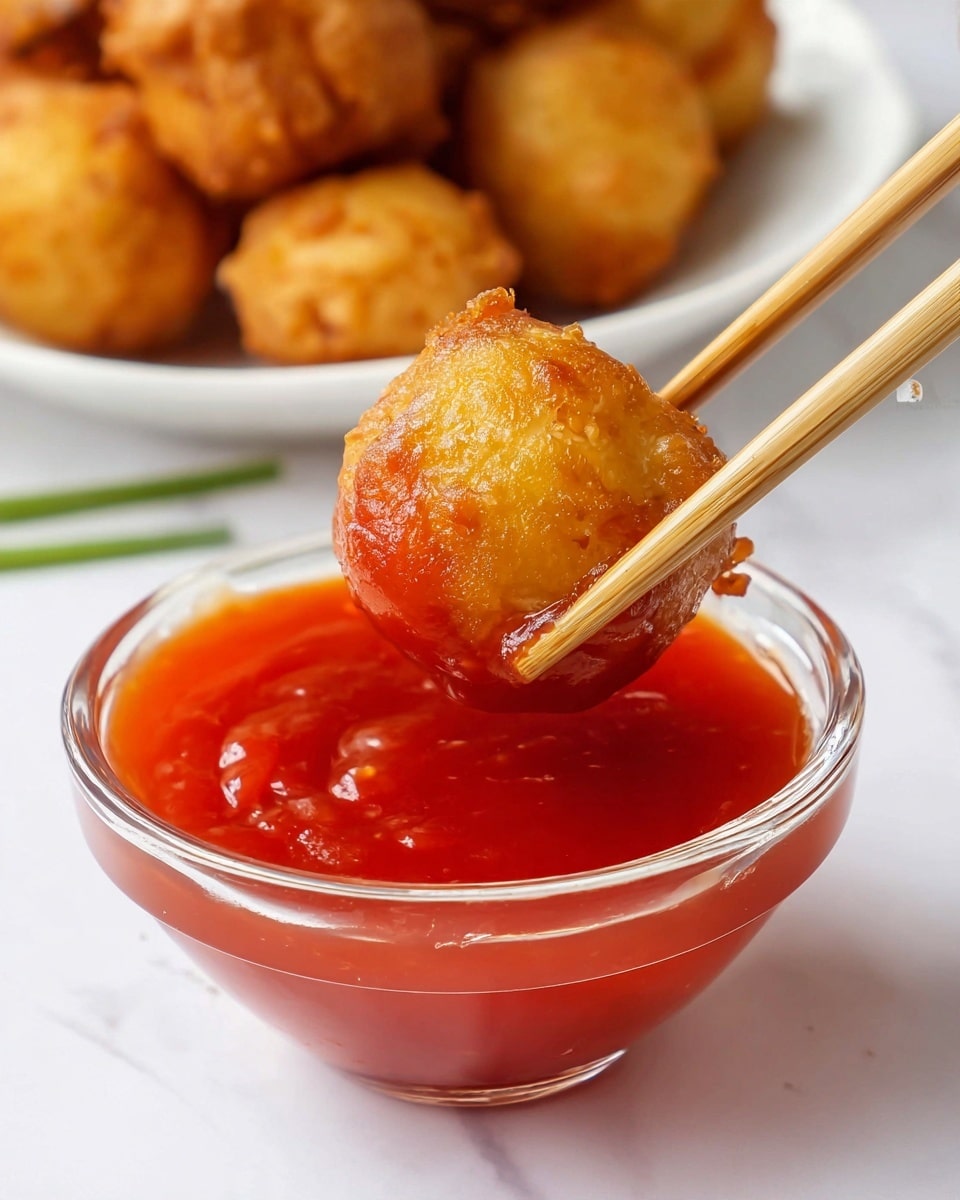 A close-up shows a golden brown fried ball being held by light brown wooden chopsticks, dipped into a clear glass bowl filled with bright red sauce with a smooth surface. In the background, more golden fried balls sit on a white plate on a white marbled surface. The fried balls have a crispy texture with irregular rough edges. Photo taken with an iphone --ar 4:5 --v 7