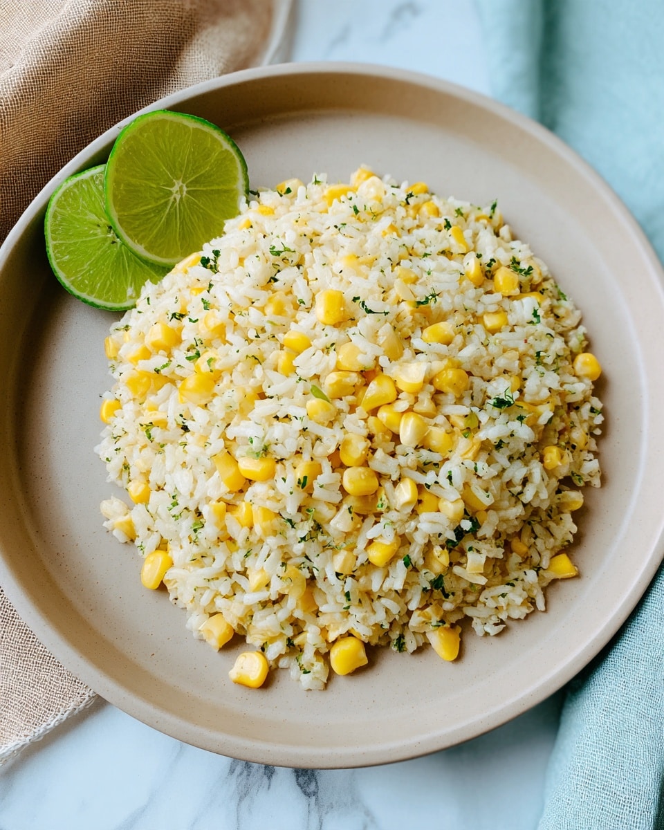 A white round plate holds a mound of light yellow and white rice mixed with bright yellow corn kernels and small bits of green herbs spread evenly throughout, creating a speckled texture. On the top left edge of the rice pile, there is a halved lime with a fresh green color and visible juicy segments. The plate sits on a white marbled surface with a beige cloth partially visible on the left side and a soft light blue fabric at the bottom right, adding subtle color contrasts. Photo taken with an iphone --ar 4:5 --v 7