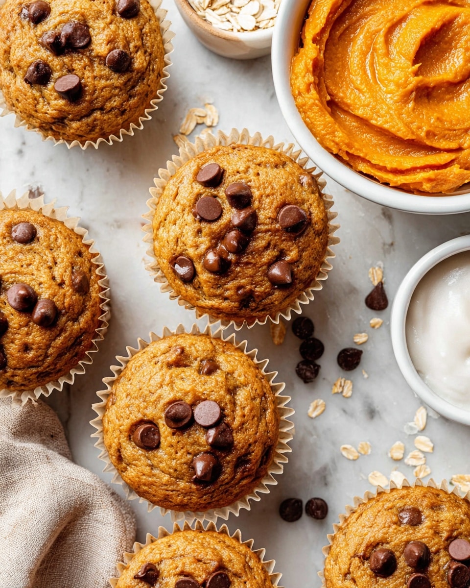 The image shows several golden-brown muffins with a soft, slightly bumpy texture, each topped with scattered dark brown chocolate chips. The muffins are in light beige paper liners and arranged on a white marbled surface. To the top right, a white bowl contains a smooth, bright orange puree with a swirled texture. Nearby, part of another white bowl with a white creamy mixture is visible. Around the muffins, a few loose chocolate chips and light-colored oats are scattered, adding texture and contrast. A soft beige cloth is partially seen on the bottom left corner. photo taken with an iphone --ar 4:5 --v 7