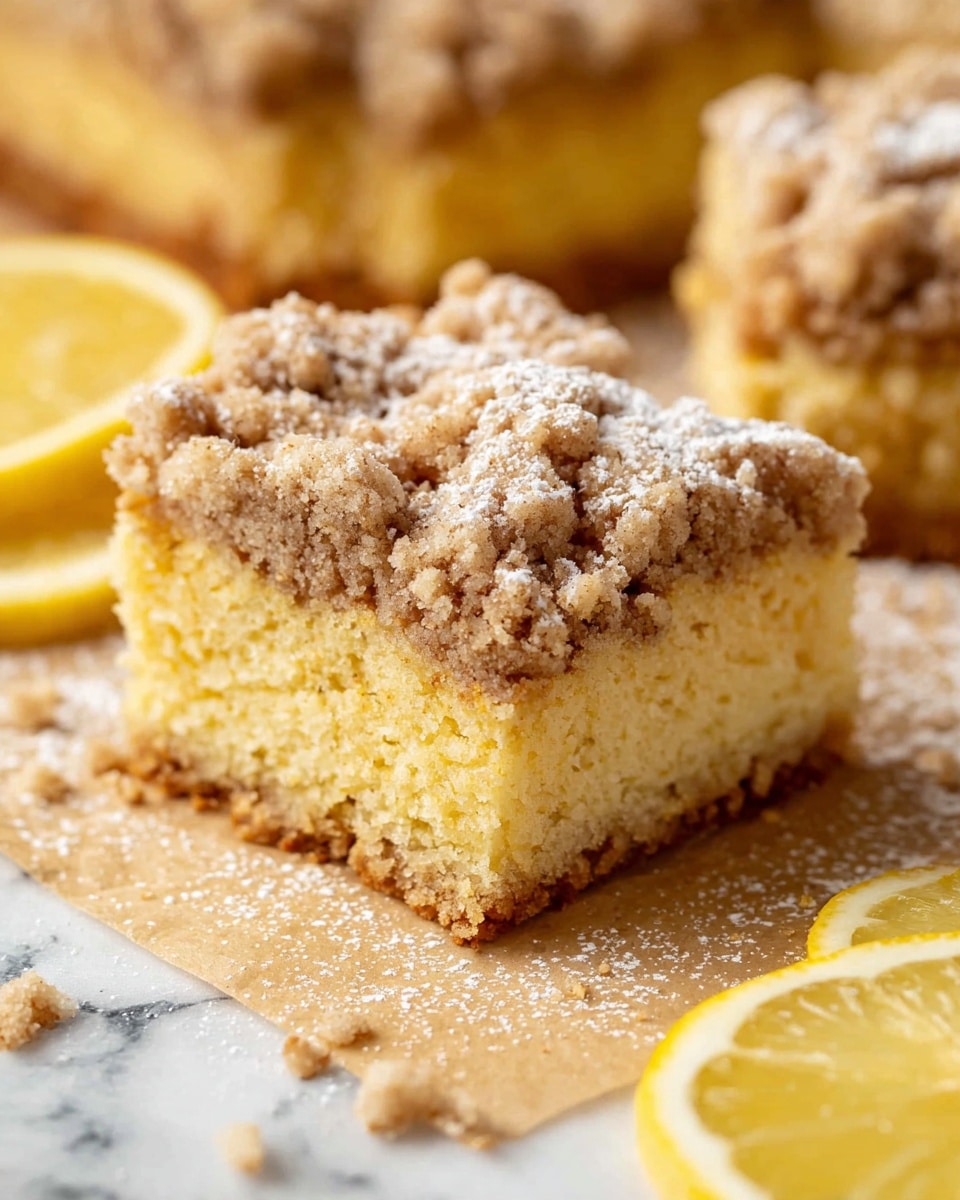 A close-up view of a square piece of crumb cake showing two layers: the bottom layer is a thick, soft yellow cake with a slightly rough texture, and the top layer is a thick crumb topping made from small brown clusters with a crumbly texture, dusted lightly with white powdered sugar. The cake sits on a light brown paper with some crumbs scattered around, and in the background there are blurred pieces of the same cake and a bright yellow lemon slice and half lemon on a white marbled surface. photo taken with an iphone --ar 4:5 --v 7