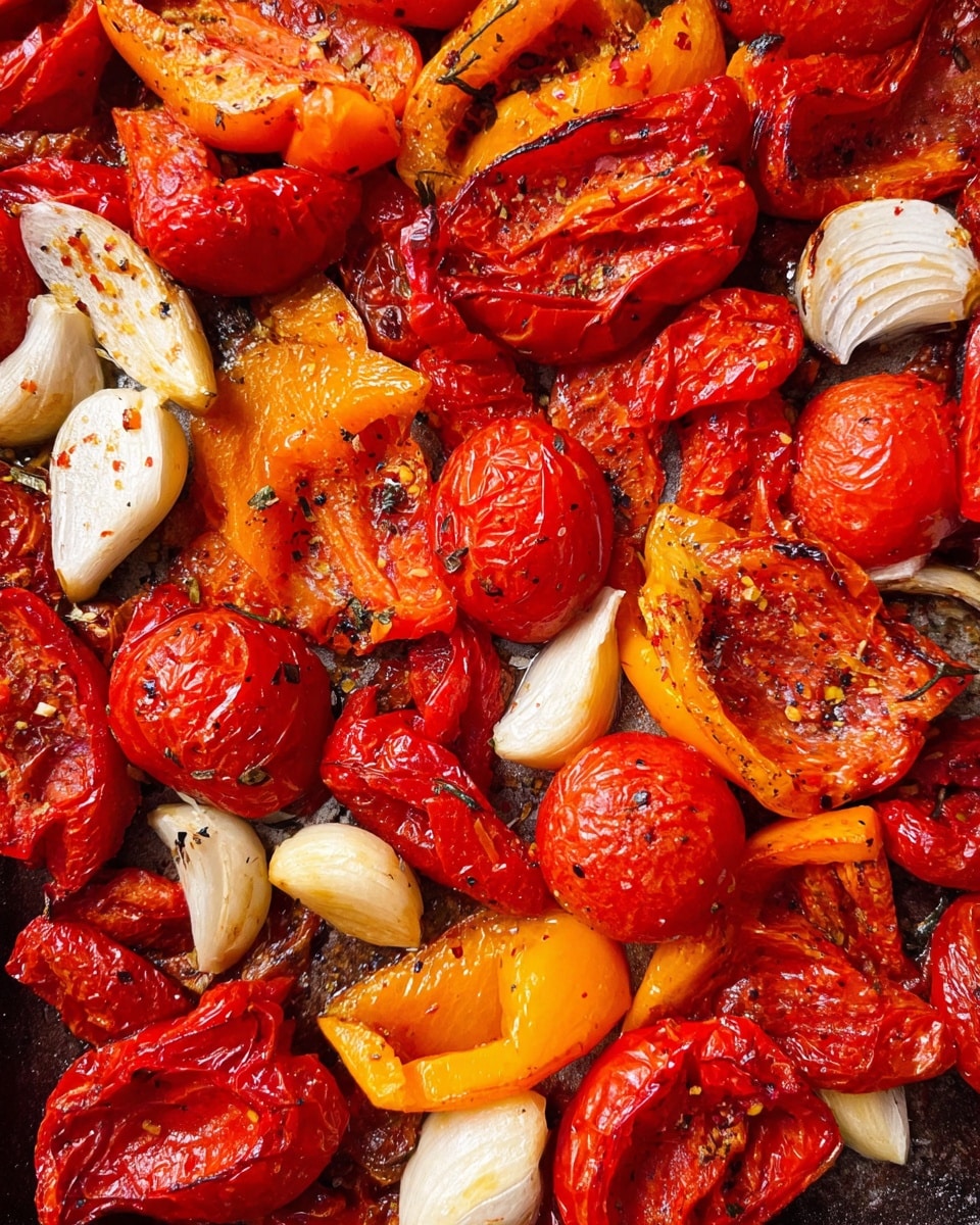 The image shows a close-up of roasted vegetables spread out on a baking tray. There are many pieces of red tomatoes, some cut into halves and quarters, with a wrinkled, slightly charred texture. Intermixed are orange bell pepper chunks, also roasted with a slightly browned surface. Scattered white garlic cloves and pale onion pieces with light charring are placed among the tomatoes and peppers. The vegetables have visible seasoning and herbs sprinkled on top, adding darker specks to the bright red and orange colors. photo taken with an iphone --ar 4:5 --v 7