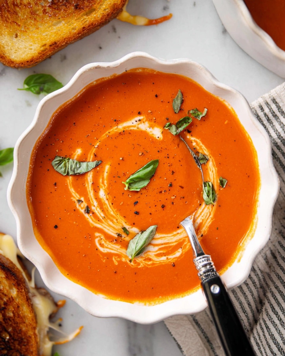 A bowl of smooth orange-red tomato soup is served in a white scalloped bowl. The soup has a swirl of light cream on top with small fresh green basil leaves scattered around. There are a few drops of black pepper sprinkled on the surface. A silver spoon with a black handle rests inside the bowl on the right side. The bowl is placed on a white marbled surface with a striped cloth napkin nearby. Part of a grilled sandwich with melted cheese is visible at the top left corner. Photo taken with an iphone --ar 4:5 --v 7