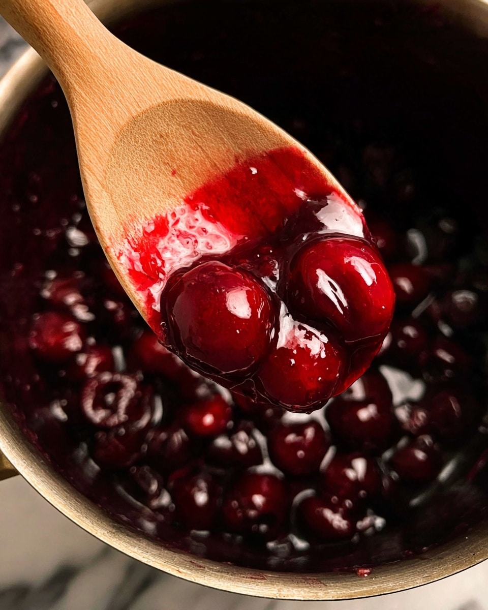 A close-up image shows a wooden spoon covered with bright red cherry sauce, partially submerged in a pot of dark, glossy cherry halves. The sauce is thick and shiny, coating the cherries, which appear soft and juicy. The pot has a metallic look and the background shows a white marbled texture. Photo taken with an iphone --ar 4:5 --v 7