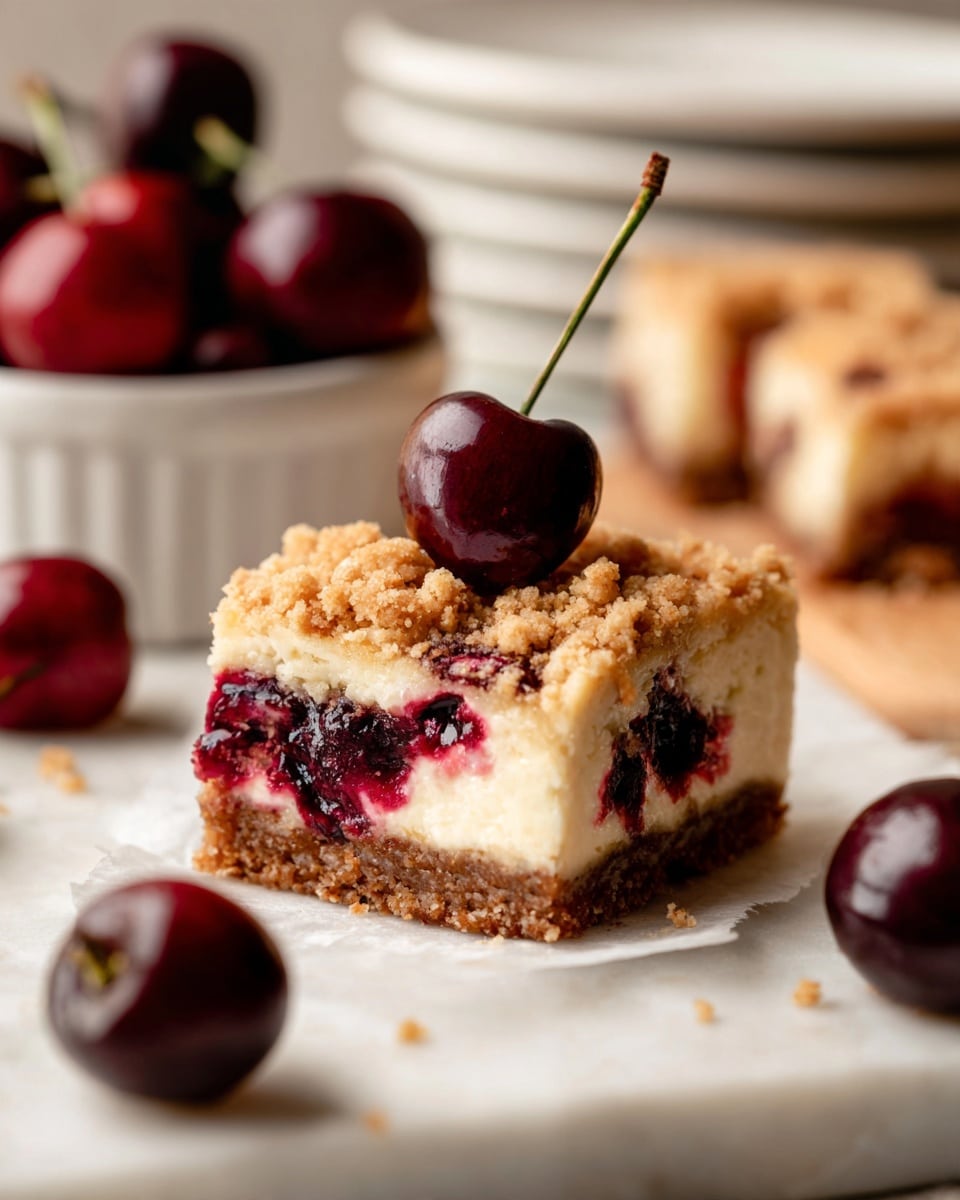 A square slice of cherry cheesecake bar is shown with three visible layers: a crumbly brown crust at the bottom, a thick creamy white cheesecake layer in the middle, and a golden crumb topping with a rough texture on top. A dark red cherry with a stem is placed on the center of the crumb topping, and there are visible swirls of deep red cherry filling inside the cheesecake layer, near the top. Some whole cherries with stems lie nearby on the white marbled surface. In the background, a white bowl filled with cherries and some stacked white plates are blurred out. photo taken with an iphone --ar 4:5 --v 7