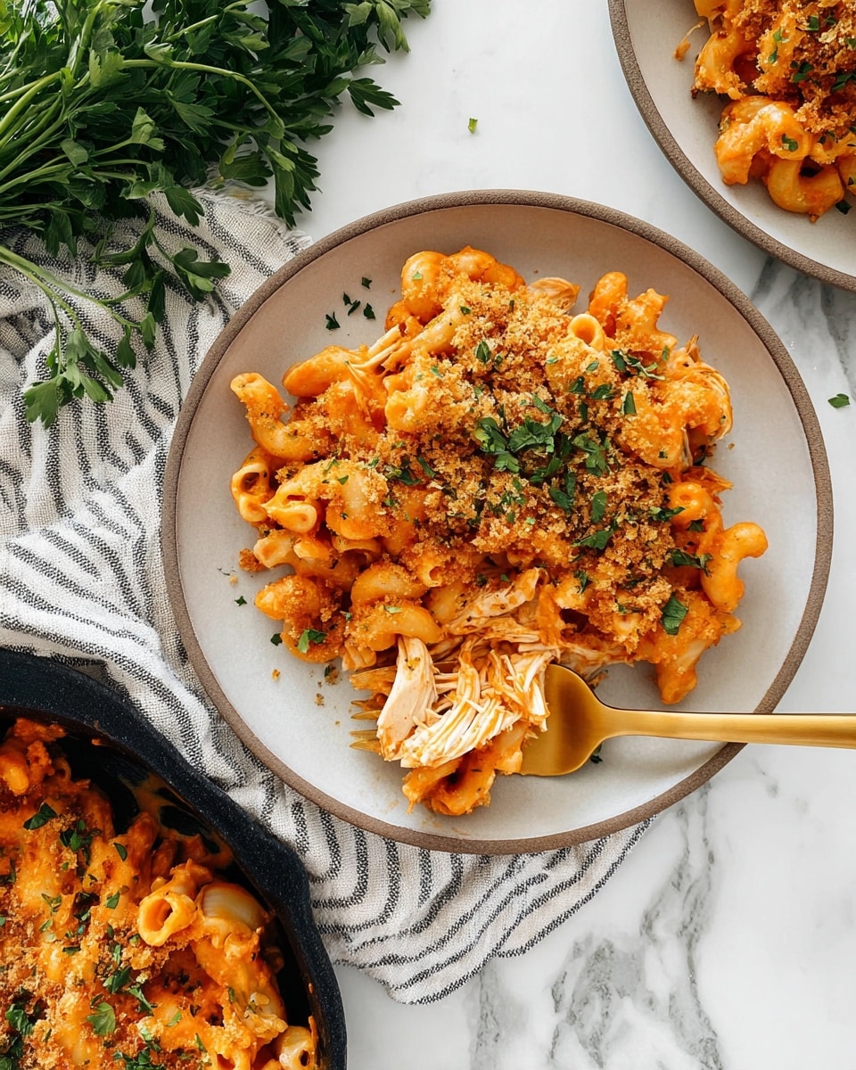The dish features a large white plate filled with three layers: the bottom layer is a creamy, orange-red sauce coating soft, curly pasta pieces; the middle layer has shredded white chicken mixed evenly with the pasta; the top layer is golden toasted breadcrumbs with small green parsley flakes scattered on top. A gold fork rests on the plate with some pasta and chicken speared on it. The background shows a white marbled surface with a striped cloth and green herbs nearby, giving a fresh and bright appearance. Photo taken with an iphone --ar 4:5 --v 7