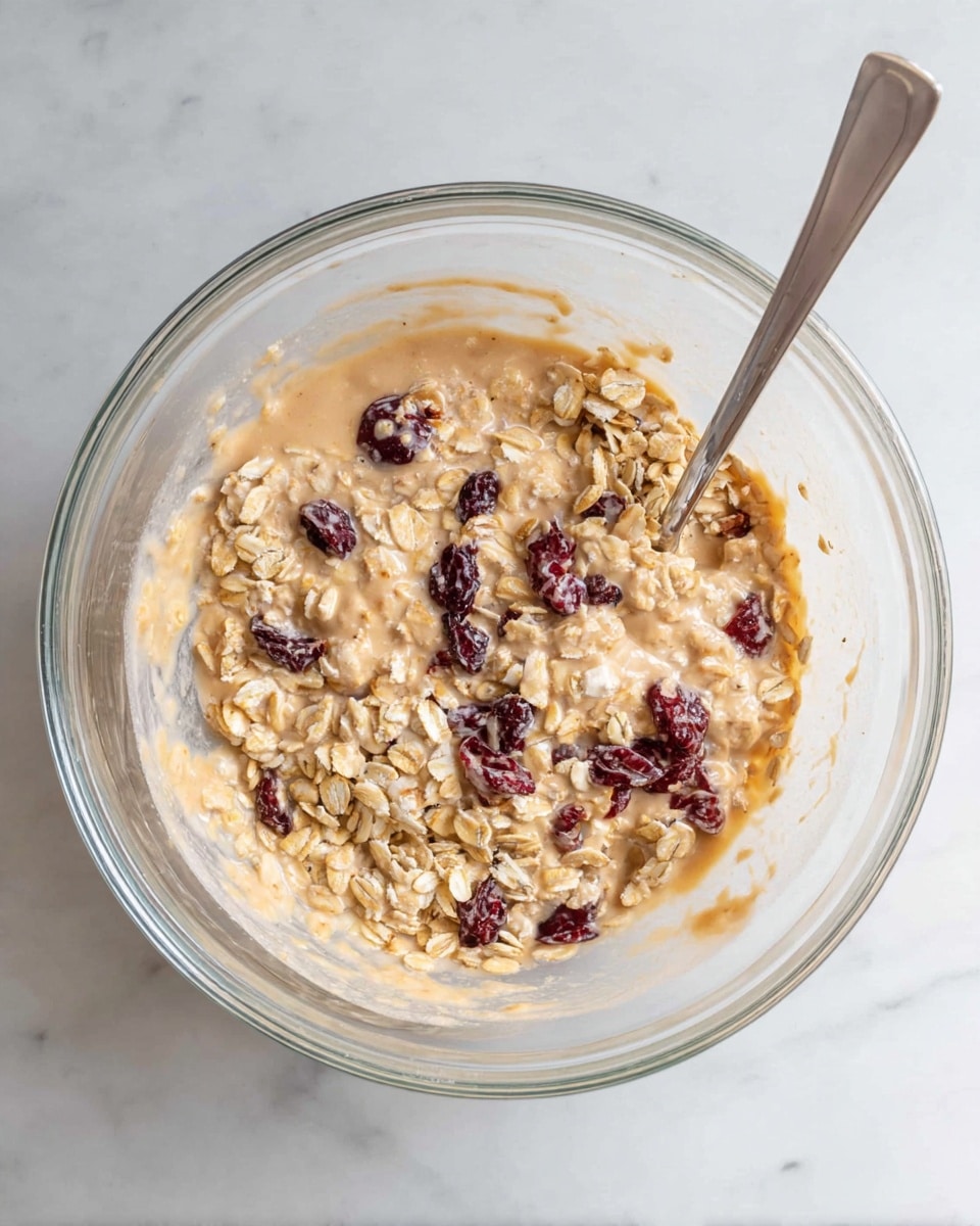 A clear glass bowl filled with a mix of creamy light brown liquid and light beige rolled oats. Scattered dark red dried berries are visible mixed among the oats. A silver spoon is partially submerged on the left side of the bowl. The bowl sits on a white marbled surface. photo taken with an iphone --ar 4:5 --v 7