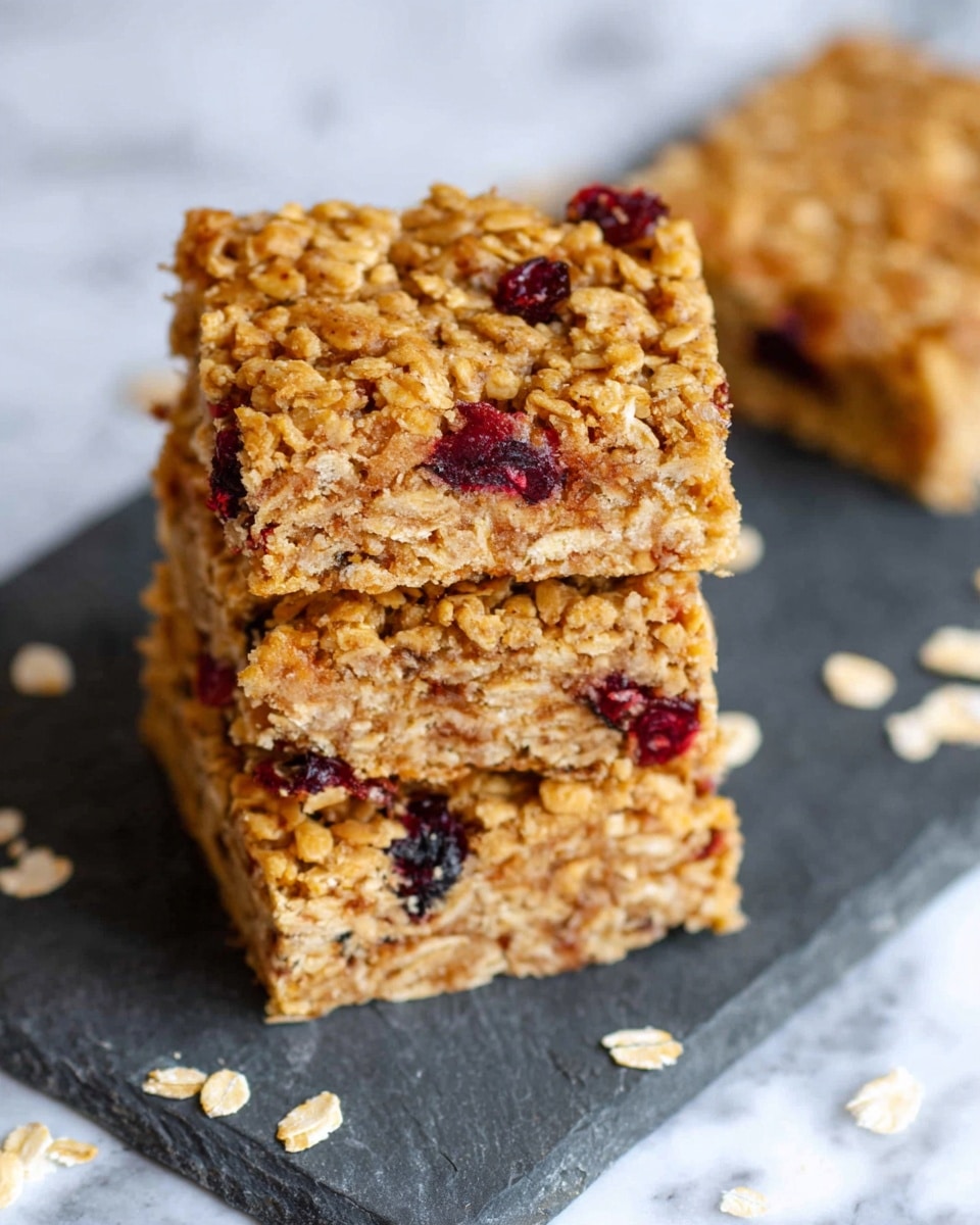 The image shows three square oat bars stacked on a dark slate piece on a white marbled surface. Each bar has a dense texture with visible oats and small bits of dried cranberries mixed throughout. The top layer is rough and crumbly with clusters of oats, with a golden-brown color and darker red cranberry spots scattered across. The close-up focus is on the two bars stacked in front, highlighting the thick, chunky oat layers and chewy inside, while the third bar is blurred in the background. Some loose oats are scattered on the white marbled surface around the slate. photo taken with an iphone --ar 4:5 --v 7