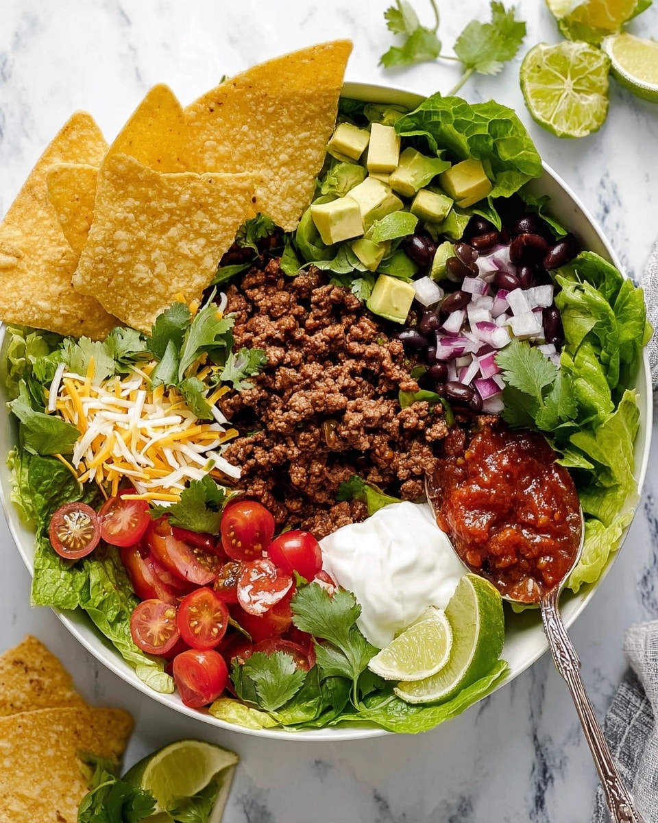 A white bowl filled with layers starting from a base of green romaine lettuce leaves. On top, there is ground cooked meat in the center, surrounded by diced avocado pieces, halved bright red cherry tomatoes, and chopped purple onion. There are black beans scattered throughout, along with shredded cheese strands and fresh green cilantro leaves. A few large triangular light yellow tortilla chips stand upright along the edge of the bowl. Near the ground meat, there is a dollop of white sour cream and a spoonful of chunky red salsa. Two lime wedges rest on one side of the bowl, all placed on a white marbled surface. Photo taken with an iphone --ar 4:5 --v 7