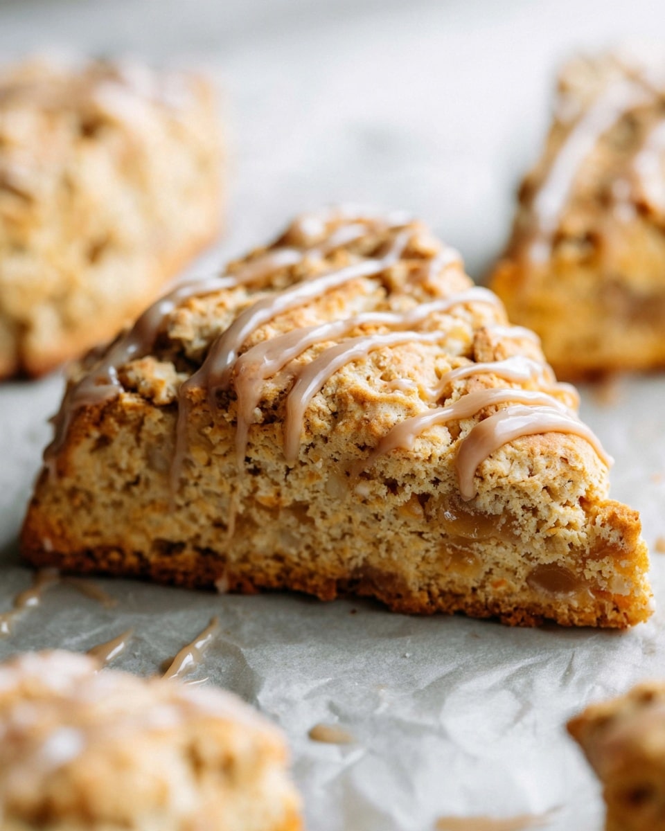 The image shows a close-up of a triangular scone with a rough, crumbly texture on top and a drizzle of light brown icing. The scone consists of two main layers: a golden-brown crust on the outside and a lighter, softer inner part with a slightly gooey and chunky filling seen near the bottom edge. The scone sits on beige parchment paper over a white marbled surface. Some other blurred scone pieces are visible in the foreground. photo taken with an iphone --ar 4:5 --v 7