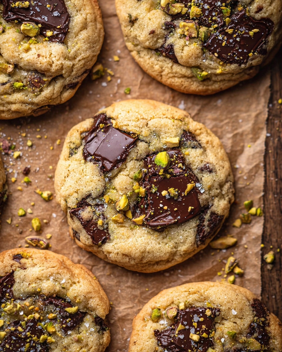 Several cookies are on brown parchment paper over a wooden surface, showing a close-up view. Each cookie is round and golden brown, with large, dark chocolate chunks embedded inside and slightly melted. The cookie tops have a rough, crumbly texture with sprinkled crushed nuts, mainly pistachios, adding green and yellow specks. The cookies have a soft, thick look with subtle cracks and folds. Photo taken with an iphone --ar 4:5 --v 7